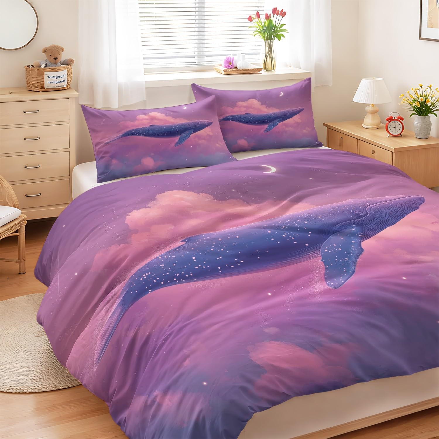Générique 220 x 240 Dyskretny i niewidoczny suwak fioletowy fantazyjny zestaw pościeli sen zwierzę bajka nadruk zestaw pościeli wieloryb chmury półksiężyc poszwa na kołdrę dla dorosłych
