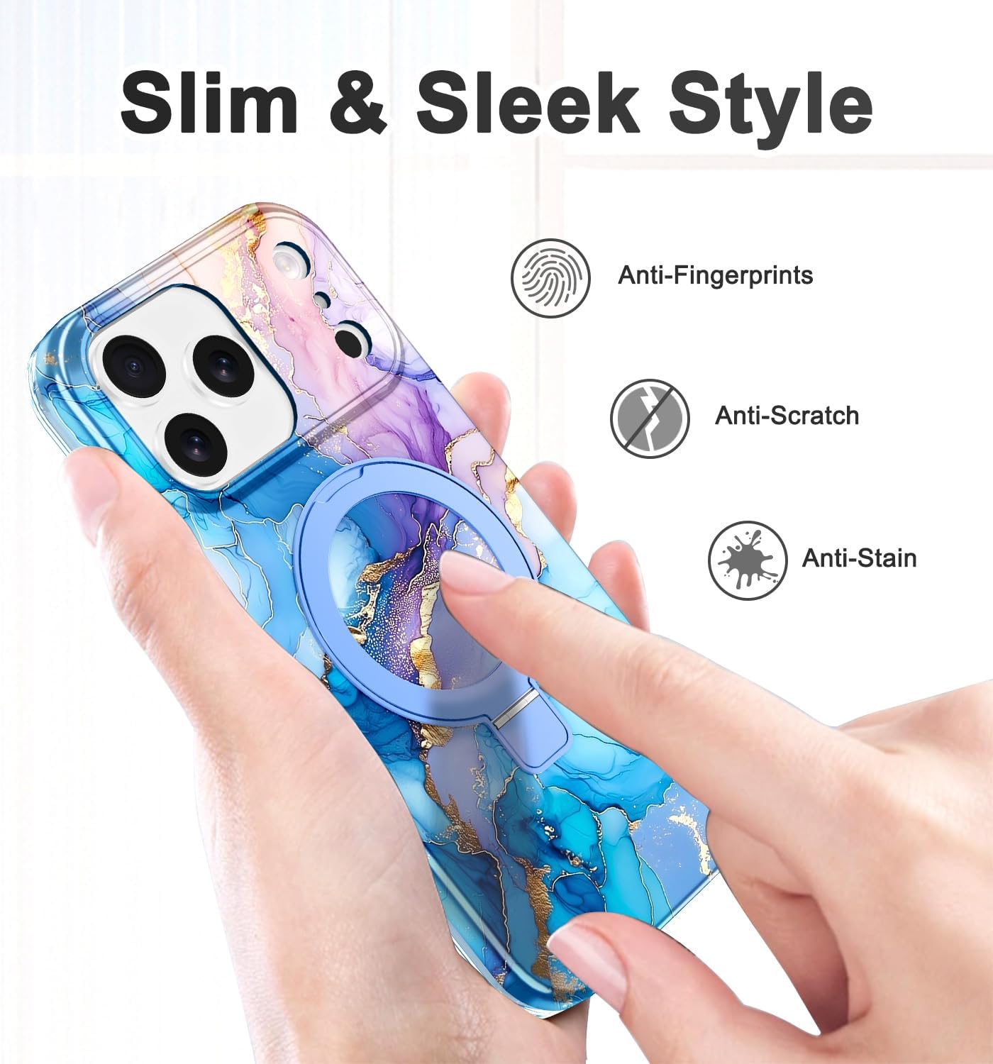 Lamcase for iPhone 17 Pro Max Case with Magnetic Invisible Ring Stand [Compatible with MagSafe], Full Body Rugged Slim Women Men Girl Shockproof Marble Pattern Design Case, Blue Gold