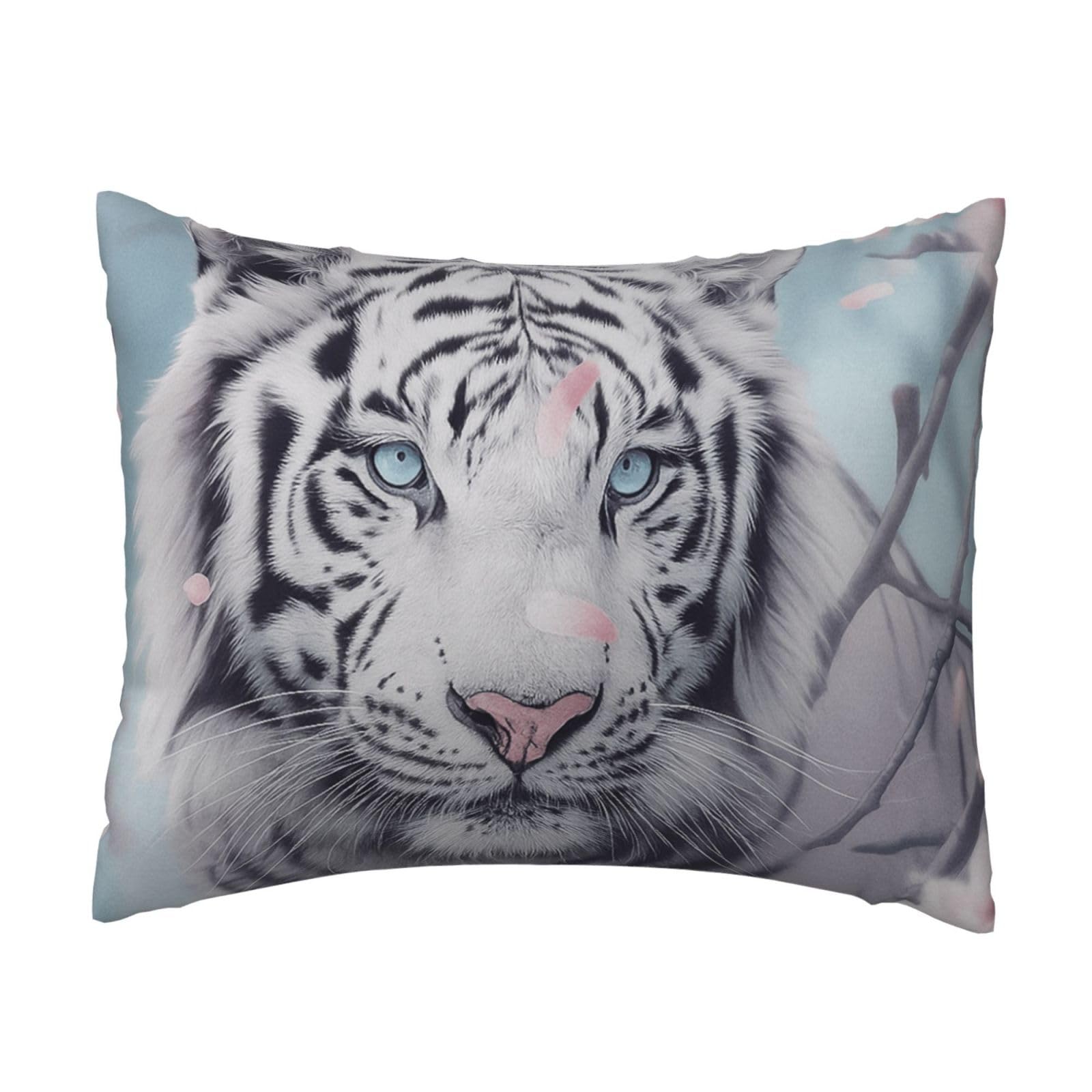 White Tiger and Cherry Blossom Pillowcase Soft Plush with Zipper Decorative Pillowcovers 16x20 in