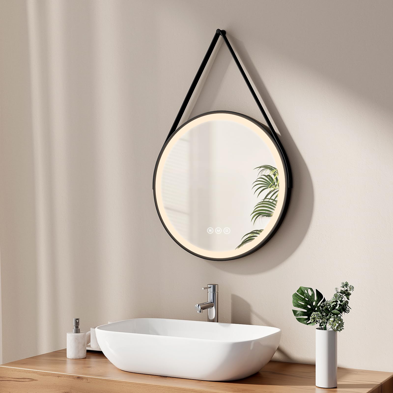 Miroir de salle de bain rond 50 cm EMKE avec éclairage LED tactile et cadre noir