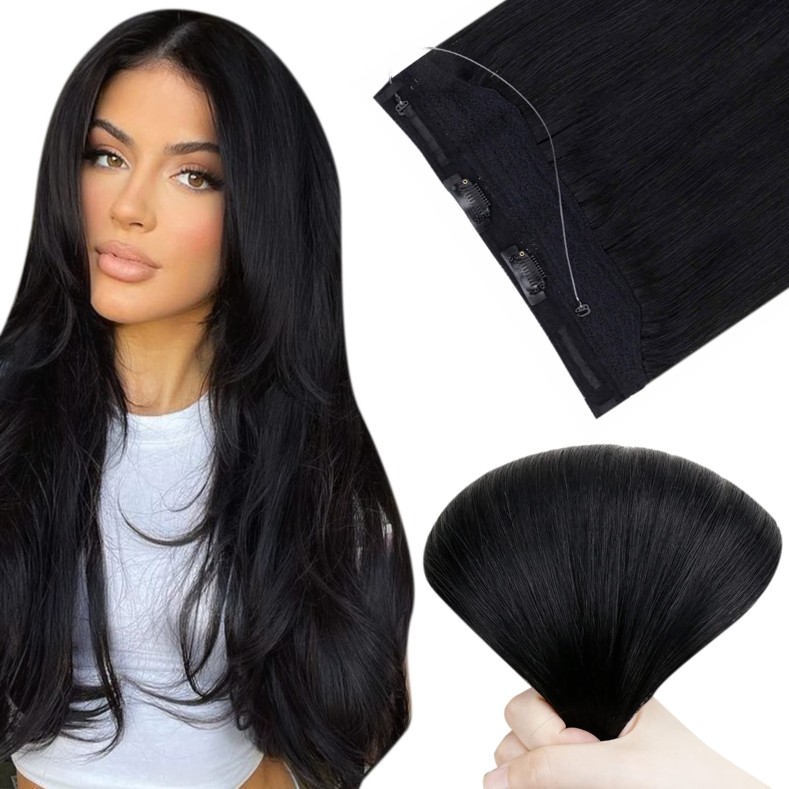 Easyouth 20Inch Wire Extensions Human Hair Black Secret Wire Hair Extension Real Human Hair One Piece Invisible Fish Line Hair Extensions with Removable Clips Jet Black #1 100g