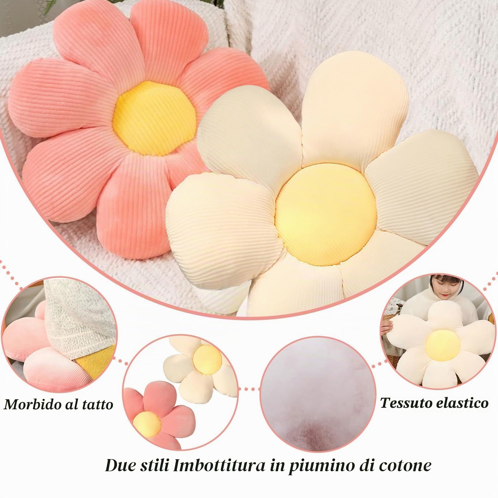 2 Pezzi Cuscini di Fiori, 40x40cm Cuscino a Forma di Fiore, Cuscini da Pavimento Fiore, Carino, Morbido Cuscino a Petali per Casa Divano Auto(Rosa e Bianco)