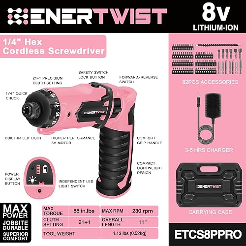 Miniatura 11 de ENERTWIST Destornillador inalámbrico, destornillador eléctrico de 8 V máx. 10 Nm, juego recargable con 82 accesorios y cargador en estuche