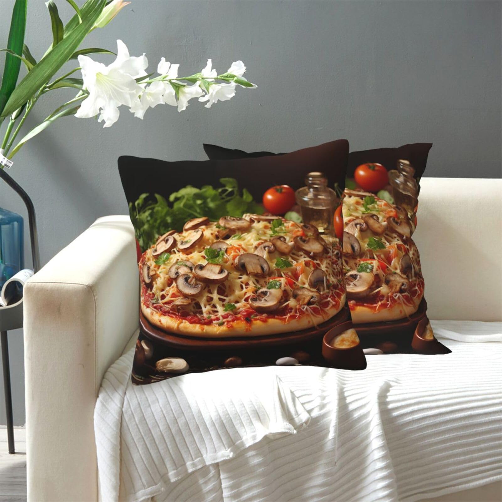 FekiLoot Decorative Throw Pillow Covers Modern Farmhouse Pillowcase Double Sided Cozy Cushion Cover for Sofa Couch Bed 20"X20" Pizza with Mushrooms and Tomatoes On Top