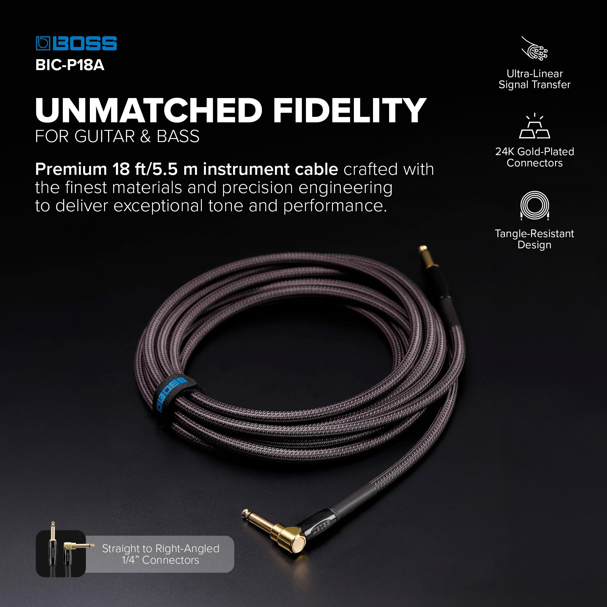 Kabel instrumentowy GAMME BIC-P18A Ultra High Fidelity - 18 stóp/5,5 m - 24-karatowe pozłacane 24-karatowym złotem proste złącza jack - do gitary i basu dla wysokiej jakości dźwięku