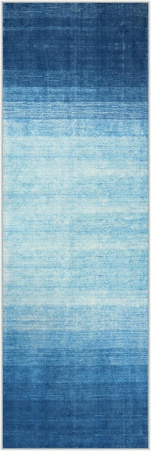 Wonnitar Ombre Blue Washable 2x6 Runner Rug for Hallway, Modern Bathroom Rug Runner, Non-Slip Low Pile Gradient Soft Entryway Carpet Runner for Laundry Entrance Kitchen (Blue, 2'x6')