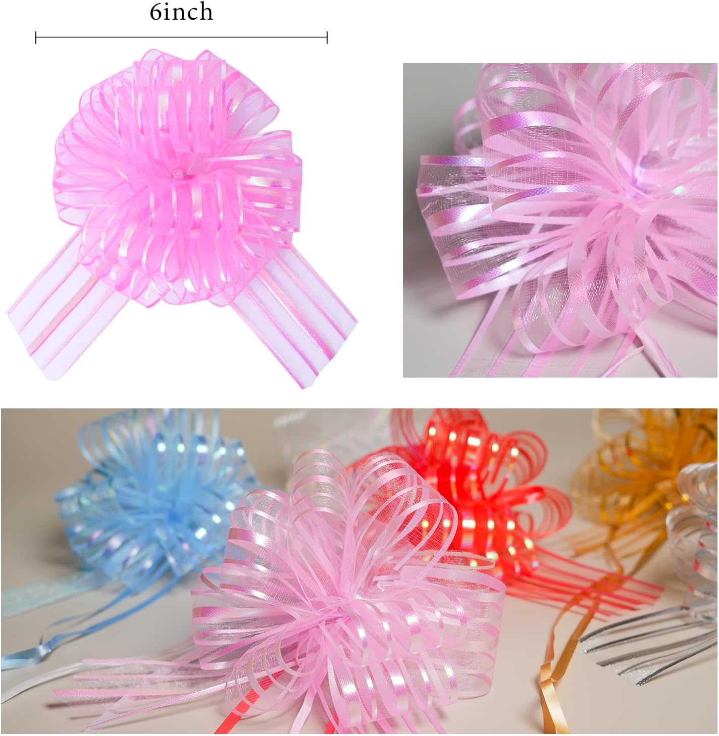 speoit 6 Pcs 6 Inch Large Organza Pull Bow Ribbon – Elegant Gift Bows for Wedding Decorations, Christmas Wrapping, Birthday Parties, Car Decor, Gift Baskets, and Valentine's Day Packaging(Pink) image 4