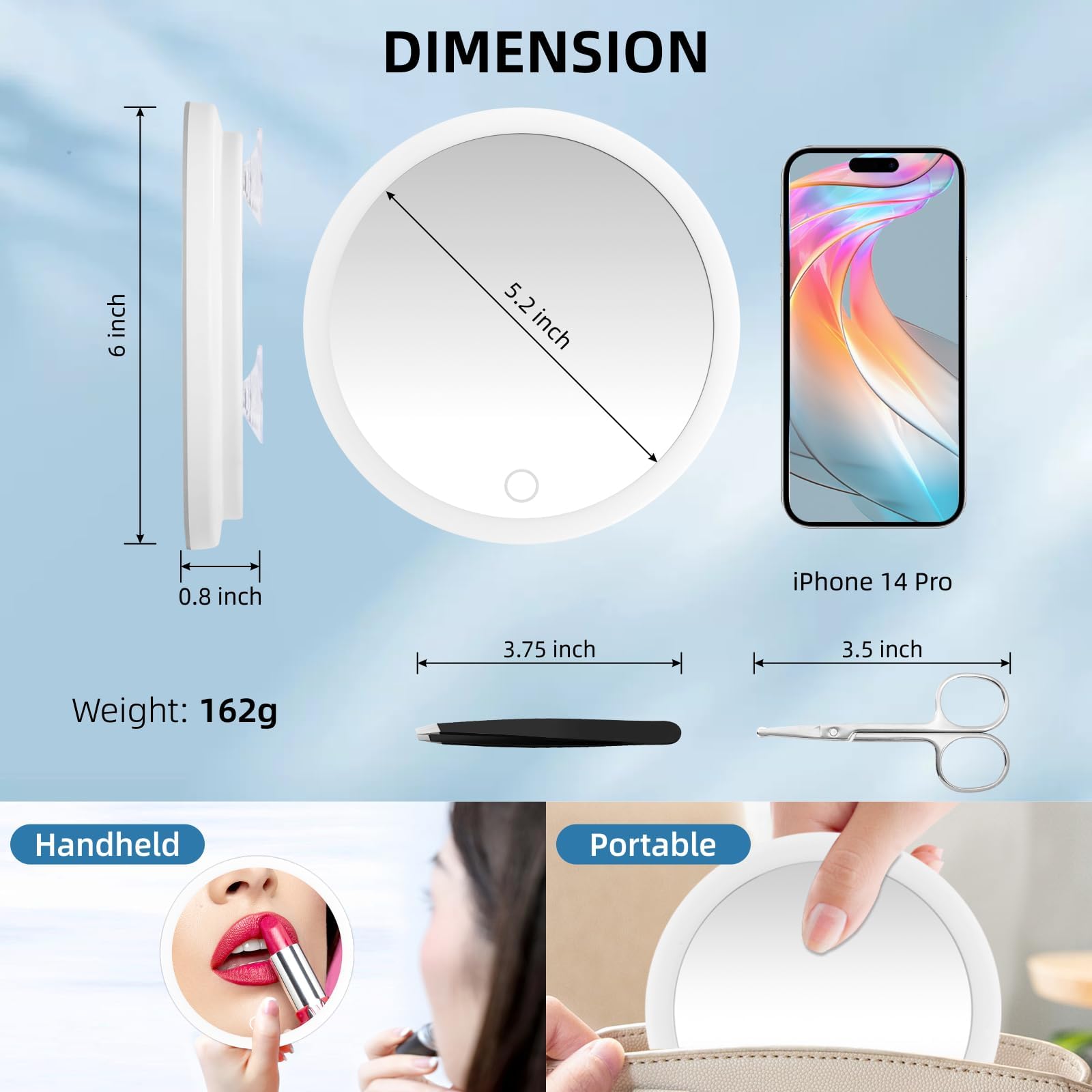 Specchio ingranditore 30X con luce, 15,2 cm, grande specchio ingranditore per trucco con 3 colori dimmerabili, portatile a LED ingrandito con 3 ventose, bianco