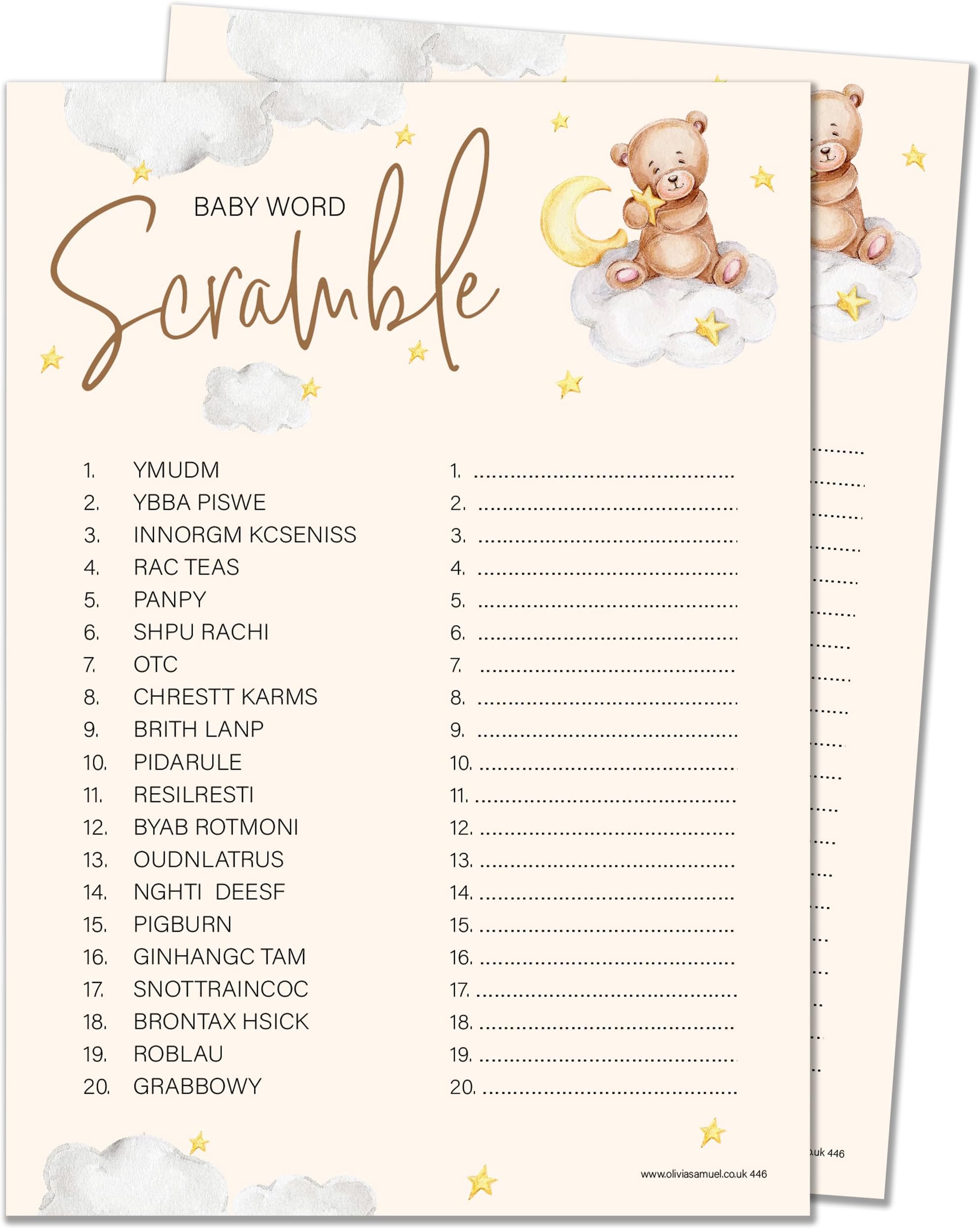 Olivia Samuel 20 x Word Scramble Baby Shower Game – Unisex Neutral Teddy Bear Design (20 Guest Cards + 1 Card of Answers for The Host + Winner's Certificate)…