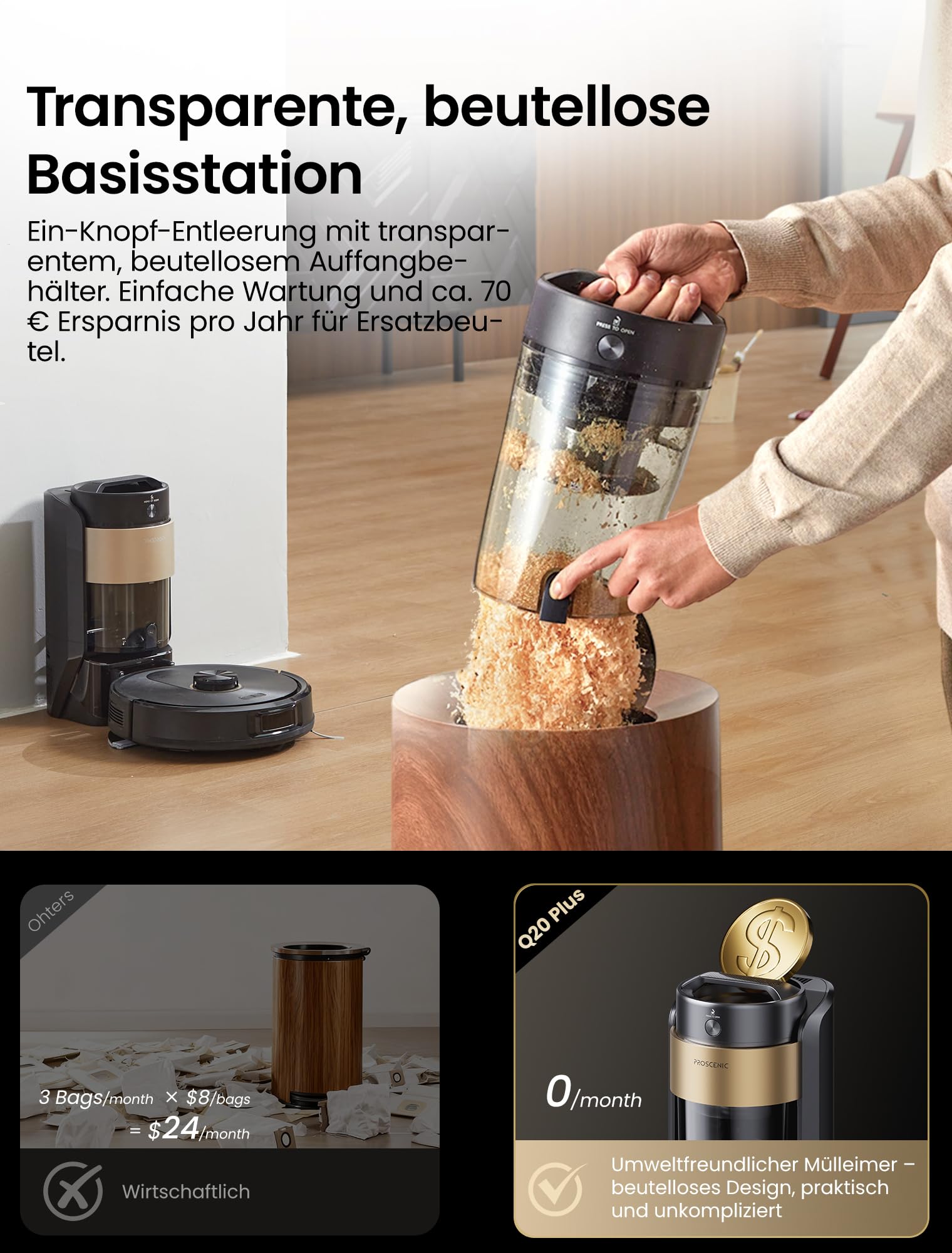 Proscenic Q20Plus Saugroboter mit Wischfunktion, 10000Pa 200min Staubsauger Roboter mit Beutellose Entleerungsstation, 3-in-1 Saug und Wischroboter für Tierhaare, Teppiche, Hartböden, Schwarz