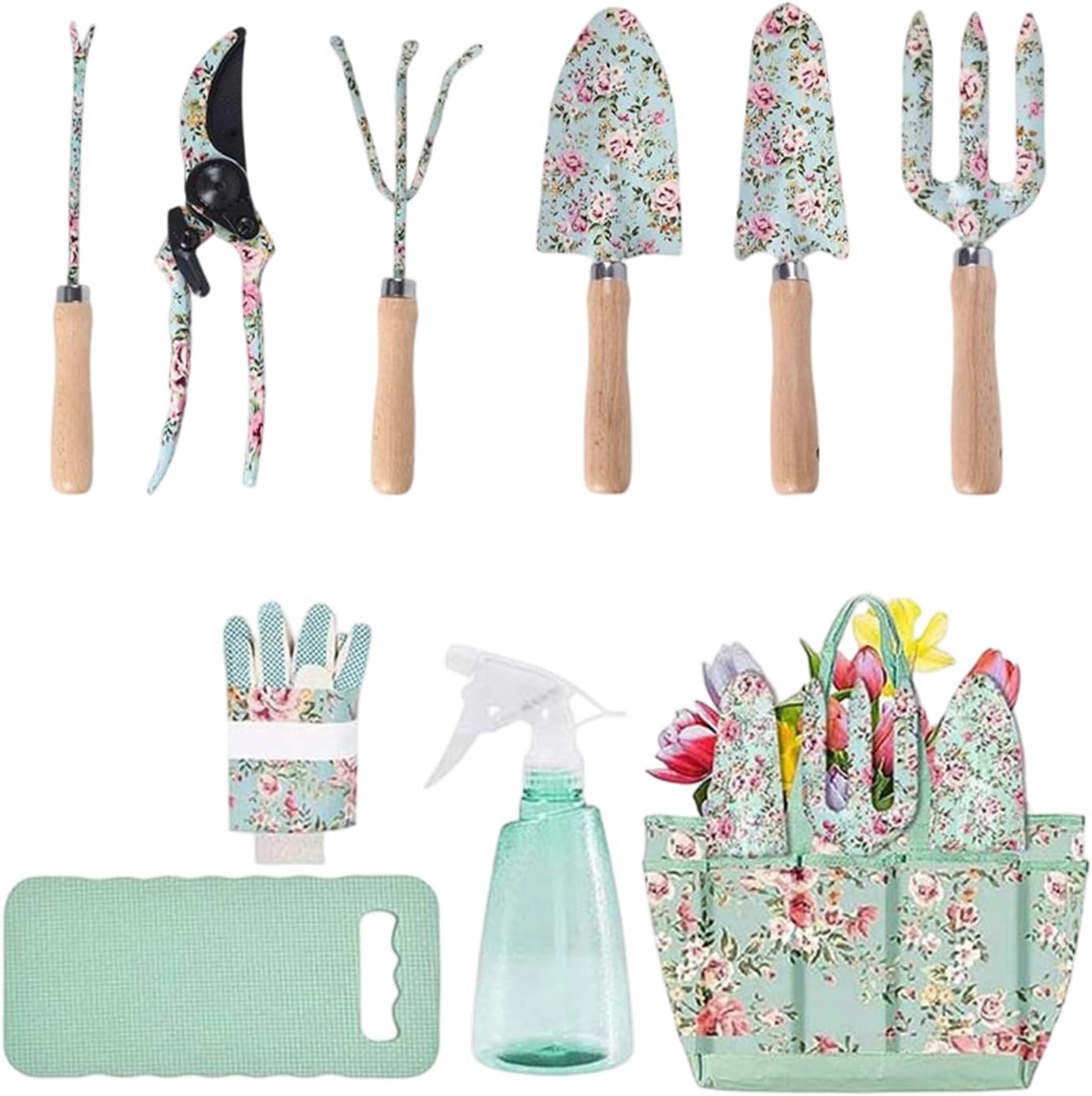 Garden Tool Set, Patterned Organizer Bag, Rust-Resistant Tools for Flower Beds, Planting Digging Trimming, Outdoor Yard Gardening, for Gardener Mom Home Lightweight