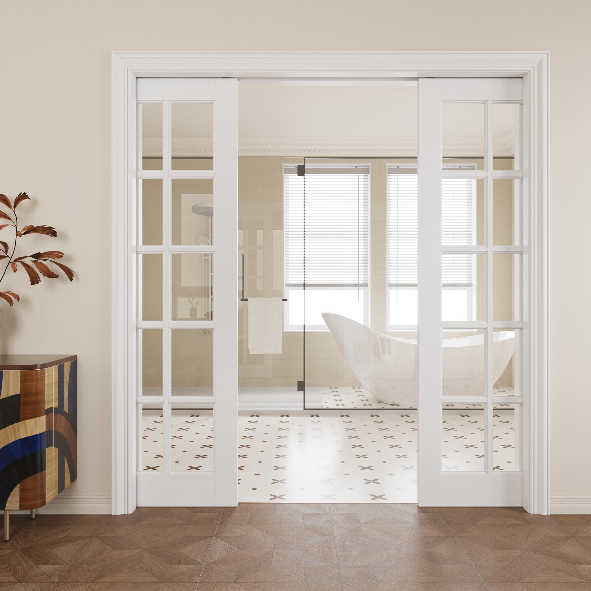 Pocket Door,15-Lite Clear Glass Doors,French 64x80 Sliding Door
