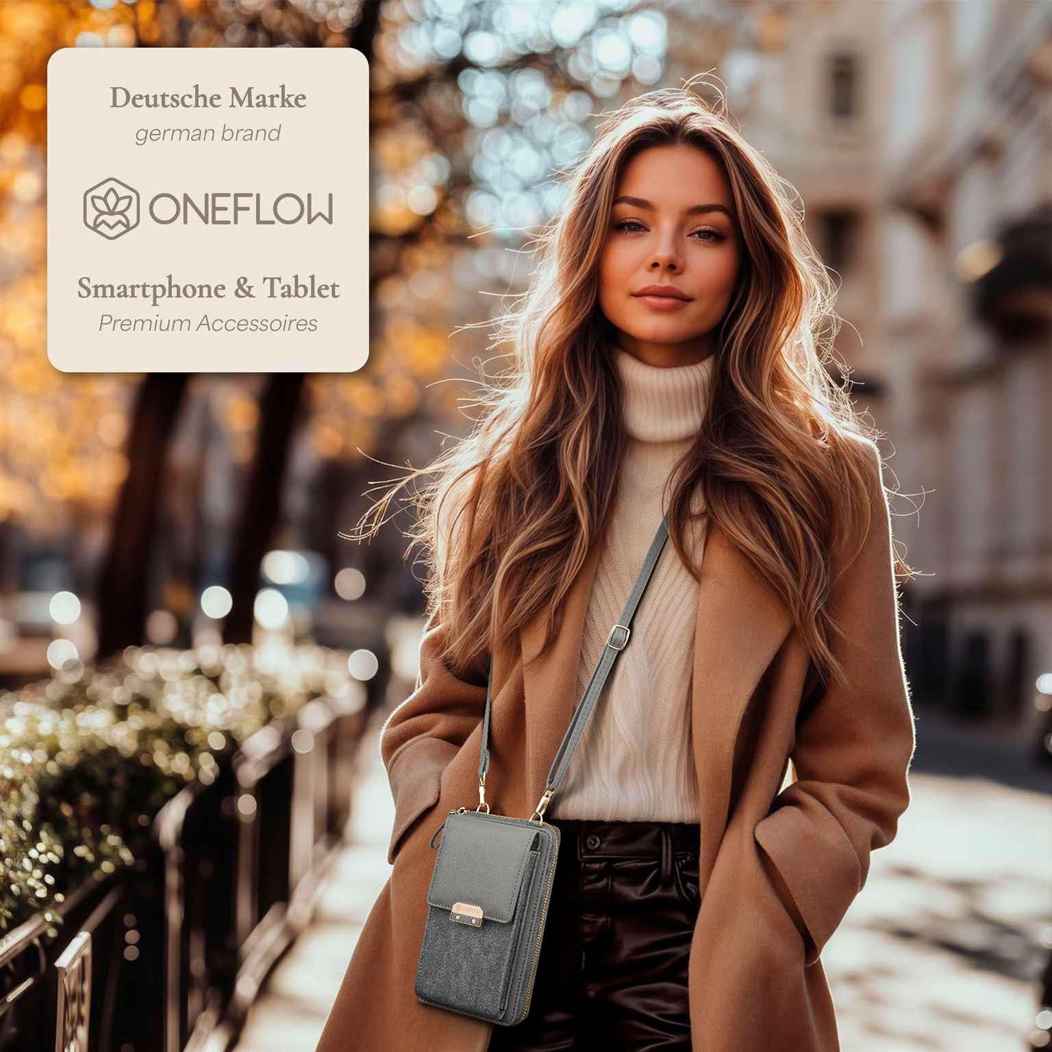 ONEFLOW Bliss Purse für iPhone 16 Pro Max Handytasche zum Umhängen Damen mit Portemonnaie, Handy Umhängetasche mit Geldbörse und Handyfach, Kleine Handtasche, Taupe Grau