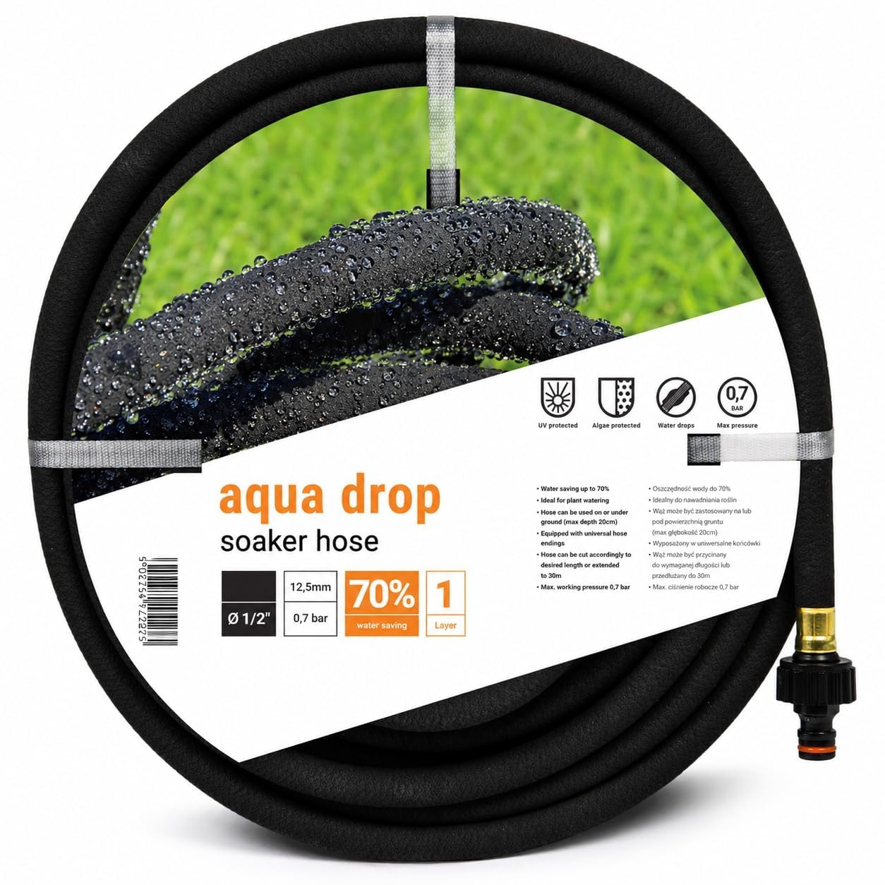 BirnePower Perlschlauch AQUA-DROP 100m, 1/2 Zoll Tropfschlauch zur Bewässerung, Wassersparend bis zu 70%, UV-Beständig, Inkl. Druckminderer & Anschlüssen für Garten, Hecken & Beete, Schwarz