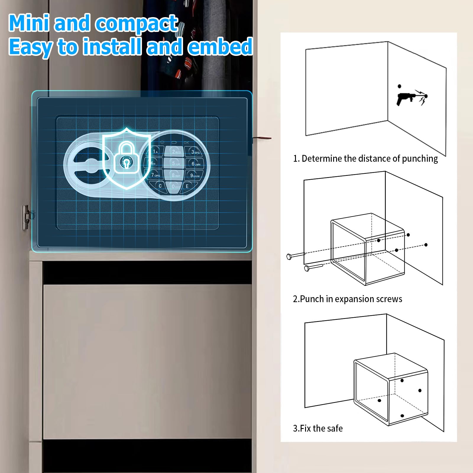 Caja Fuerte Pequeña,Cofre Electrónica con Cerradura Digital,Caja Fuerte Empotrable,caja fuerte con llave,23X17X17cm,Para Seguridad en el Hogar, Almacenaje