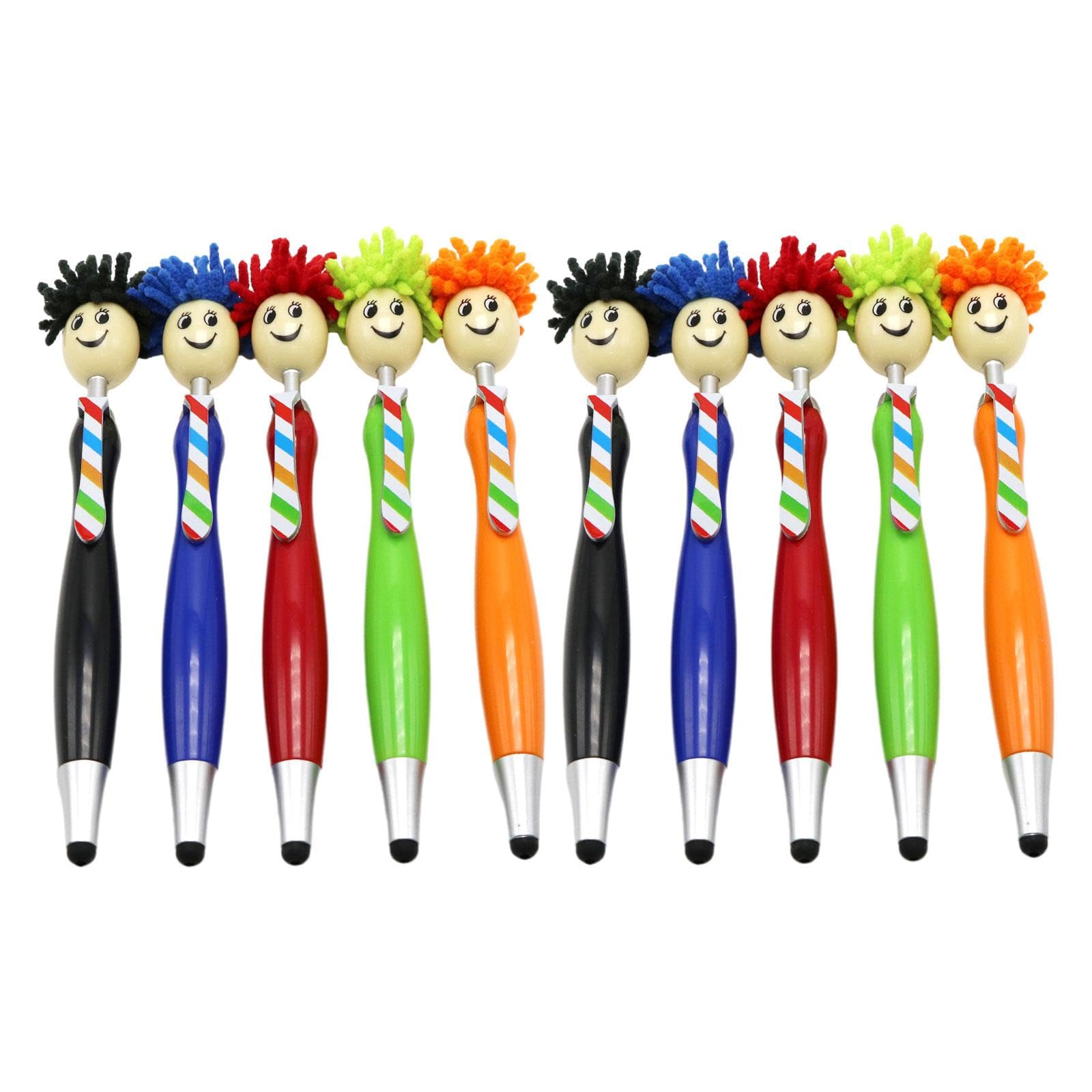 Dickly 3 in 1 Pen Mop Head Topper Pen Funky Stationery Gift Retractable Ballpoint Pens Novelty Pens Black Ink for Kids Adults, 10Pcs