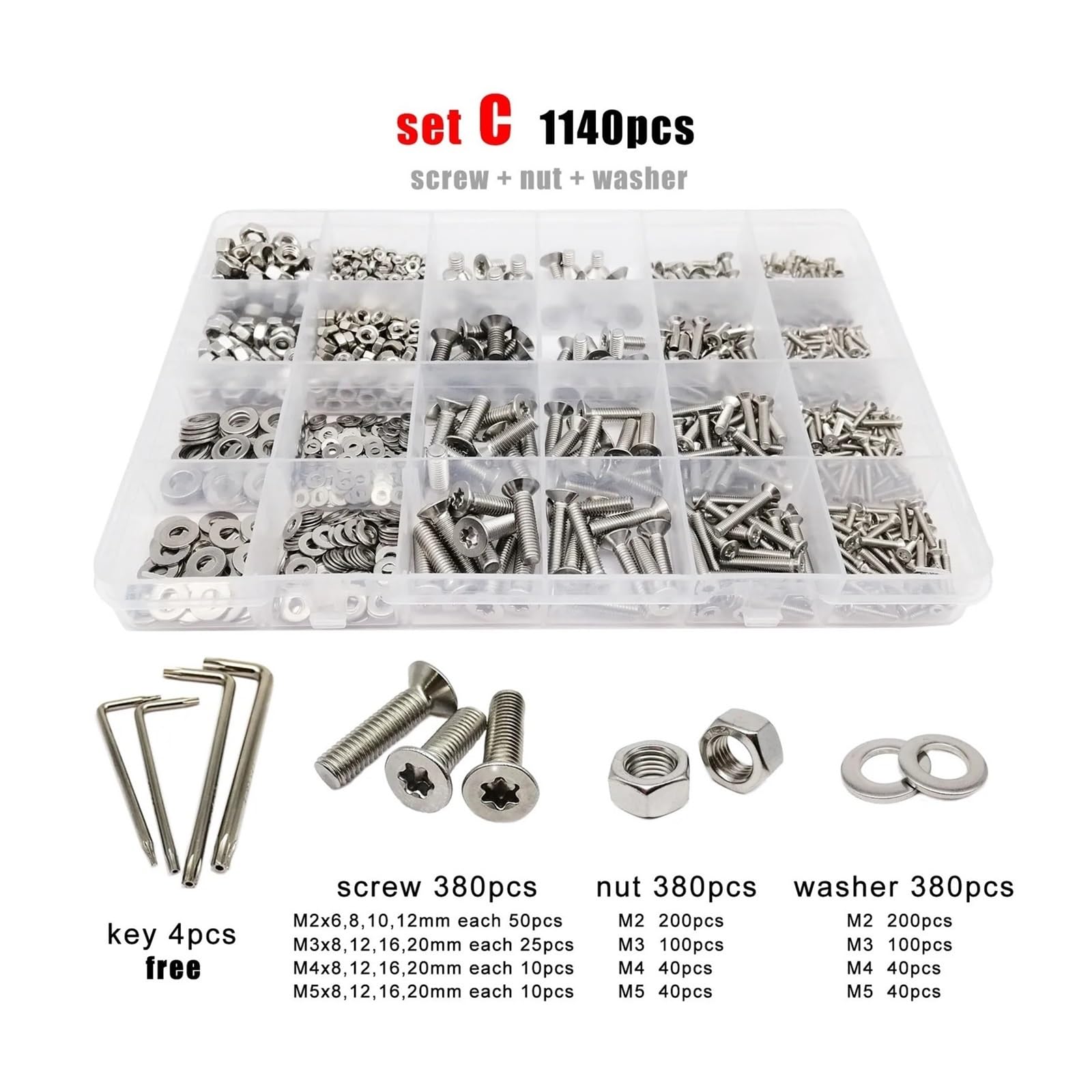400/650/1140 * M1.6 M2 .5 M3 M4 M5 304 Torx de acero inoxidable cabeza avellanada plana tornillo tuerca juego arandelas surtido caja(Set C 1140pcs)