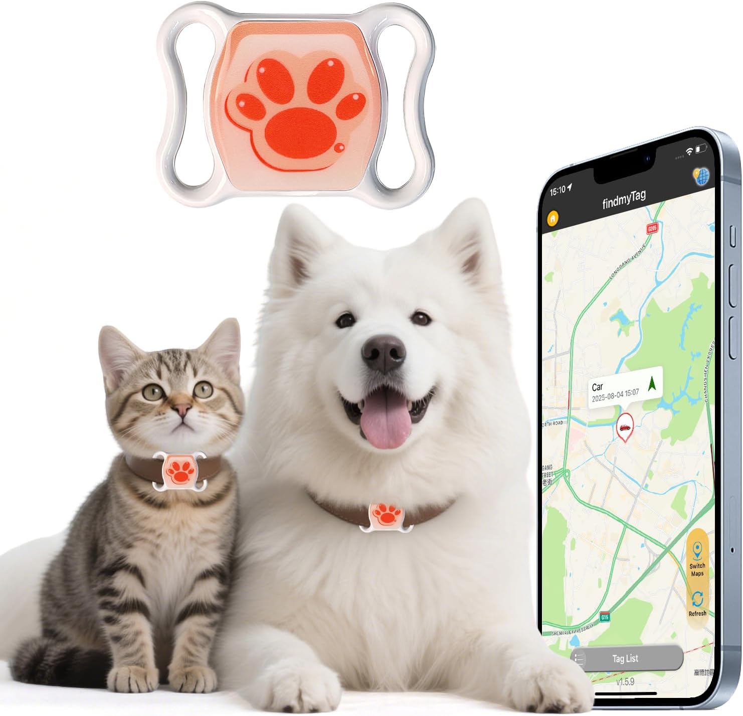 GPS Tracker for Dogs and Cats – No Monthly Fee/Subscription, No SIM Card Required – Real-Time Alerts, Historical Routes – Waterproof, Lightweight – Compatible with Android & iOS, Fits Any Collar