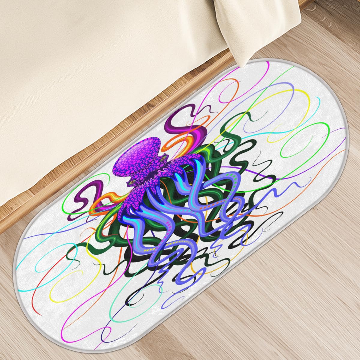 Tapis pieuvre antidérapant pour sécuriser et réchauffer les sols froids de la chambre