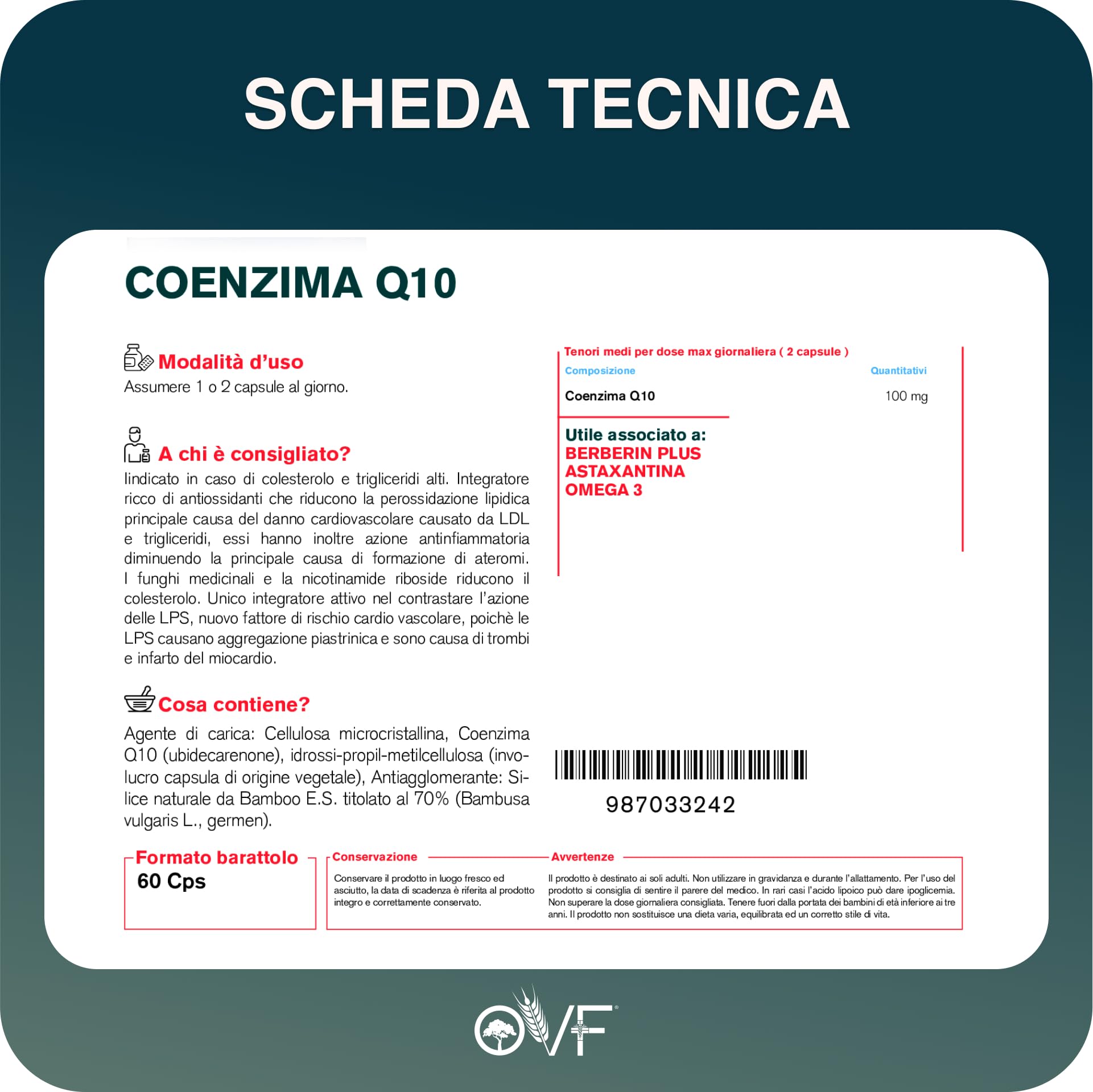 OVF Coenzima Q10 100mg (60 Cps) - Sostegno Energetico e Cardiaco - Integratore Naturale - Q10 Coenzima Antiossidante AntiAge per la Pelle e il Sistema Immunitario.