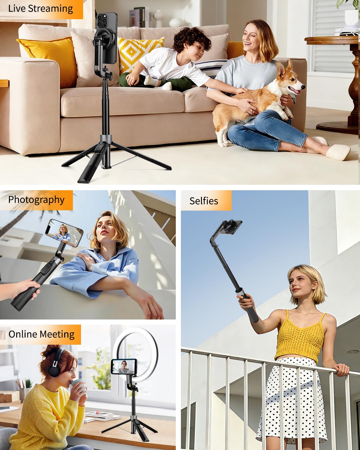 Victiv 178cm Magnético Tripode para Movil, mag-Safe Trípode Movil Alto con Mando, All-in-One Palo Selfie de Viaje Portátil, Compatible con iPhone 17/16/15/14/13/12/Pro MAX, Insta 360, dji Pocket