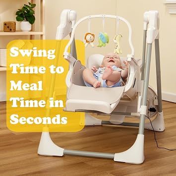 PrimoBaby SnuggleBug 2-in-1 Infant Swing & High Chair, Adjustable Seat Recline, Height, Feeding Tray, App Control, Music & Nature Sounds, Toy Bar, Ergonomic Cushion, 5 Point Safety Harness
