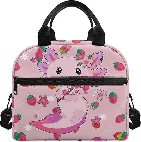 Drydeepin Axolotl - Lonchera con bonito estampado de fresas para mujer, bolsas enfriadoras aisladas, a prueba de fugas, bolsas de almuerzo de gran