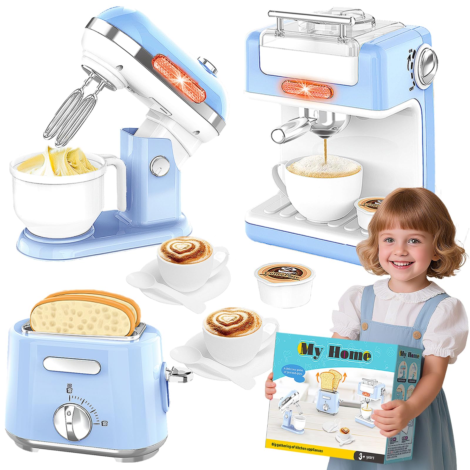 Pretend Play Kitchen Appliances Toy Set with Coffee Maker Machine, Mixer and Toaster, Play Kitchen Accessories with Sound & Light Birthday Gifts for