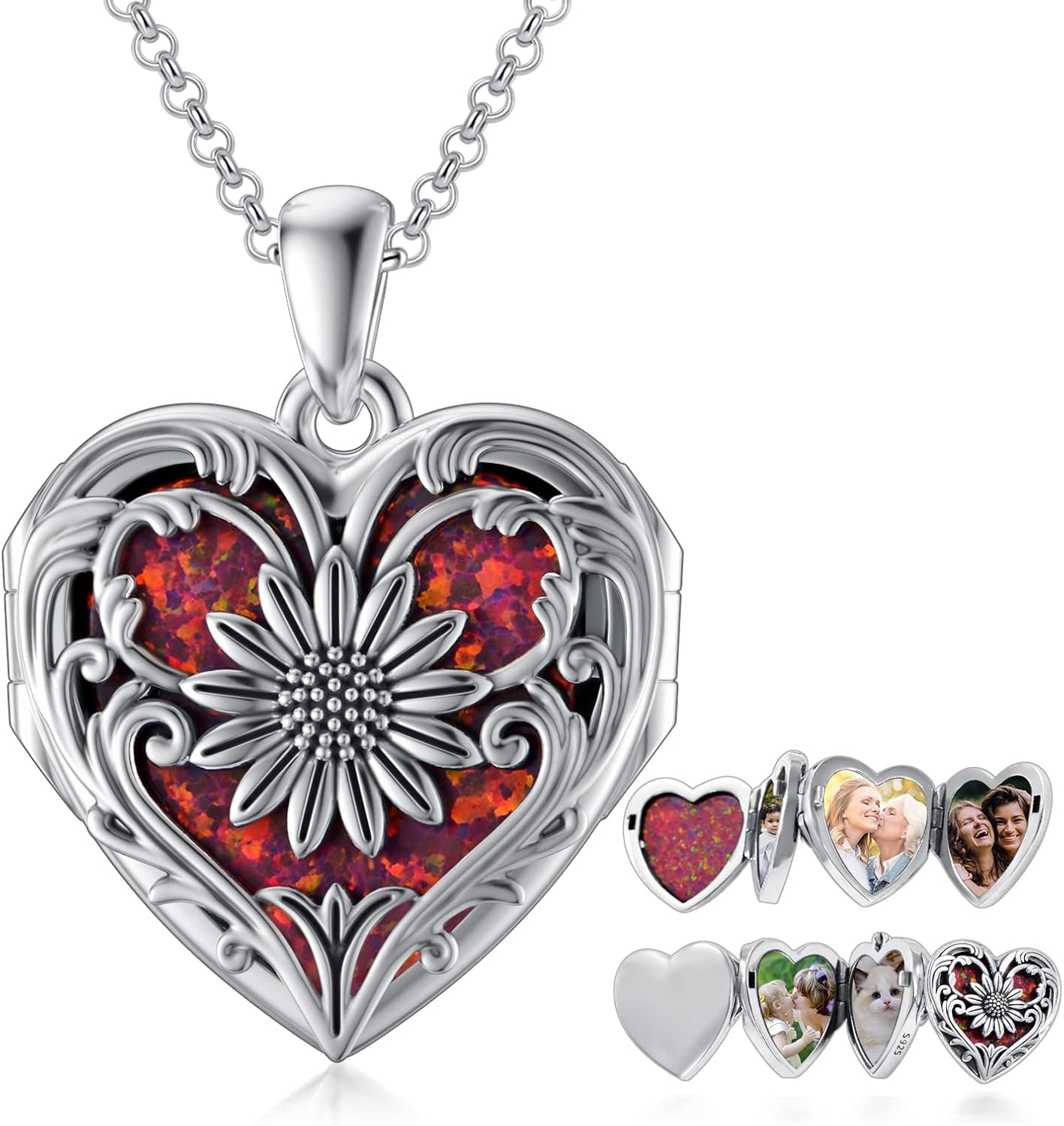 SOULMEET Cameo Sunflower Heart Locket Necklace That Holds 3/4/5 Pictures, Sterling Silver You are My Sinshine Expandable Pictures Locket Necklace Keep Family Members Near to You