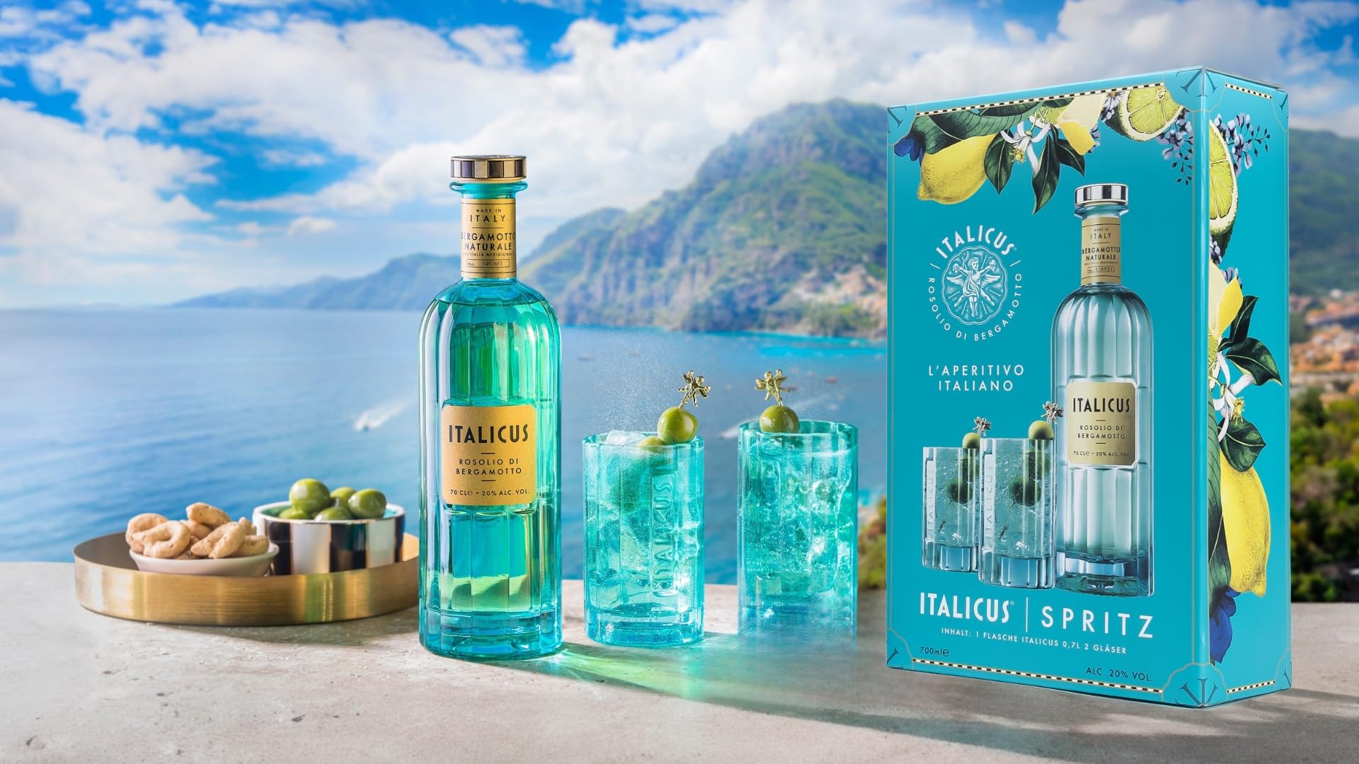 ITALICUS Rosolio di Bergamotto Likör, Geschenk-Set mit 2 Gläsern, Aperitif aus Bergamotte für Cocktails & Spritz, Premium Likör aus Italien, 1 x 0,7 L