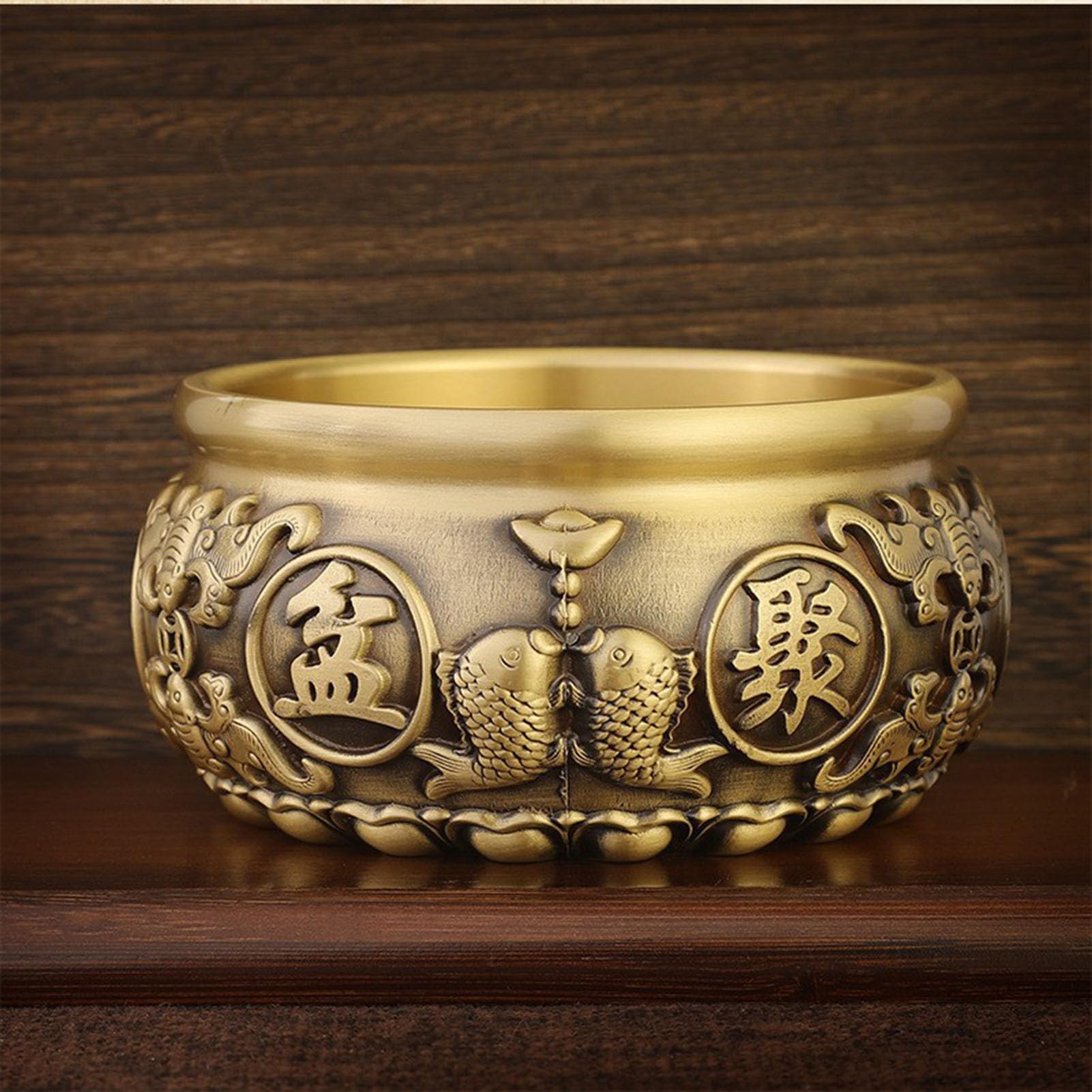 Vintage złota mosiężna miska na skarby-symbol bogactwa Feng Shui, ręcznie wykonany metalowy wystrój na biurko w domu ołtarz, centralny element obfitości i szczęścia,19CM