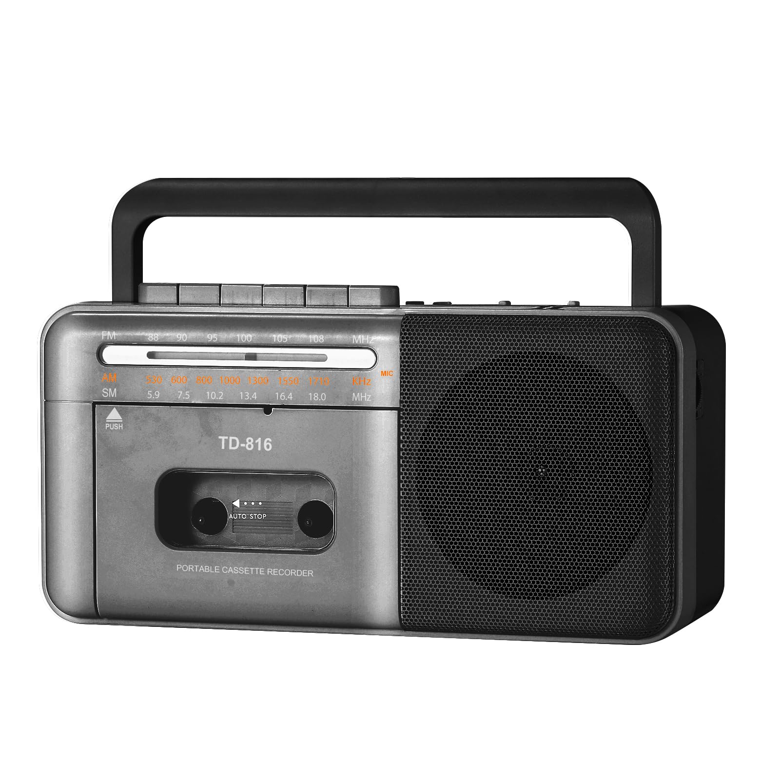 FIOLEES Rechargeable Cassette Tape Player Boombox with Bluetooth, Portable AM FM SW Radio Cassette Recorder, Loud Speaker and Earphone Jack,Support USB/TF Card, D Batteries or AC Power -Grey