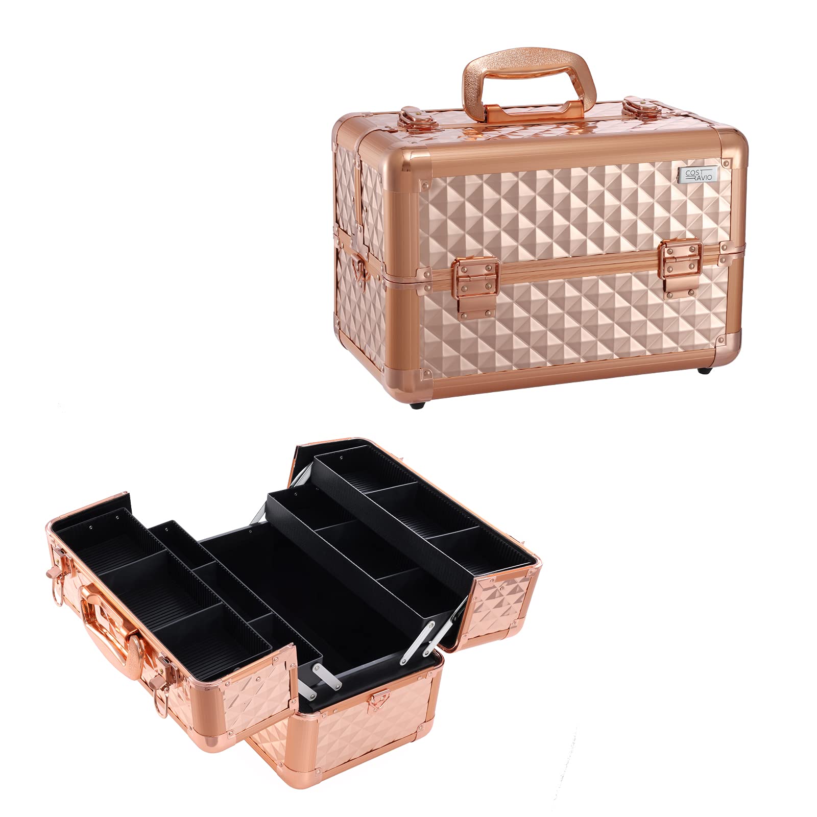 Mallette Maquillage Grande Vanity MaquillageMallette Rangement Maquillagey Vide Mallette à Onglerie en Aluminium avec Bandoulière Beauty Case de Voyage Make up Case, Or Rose