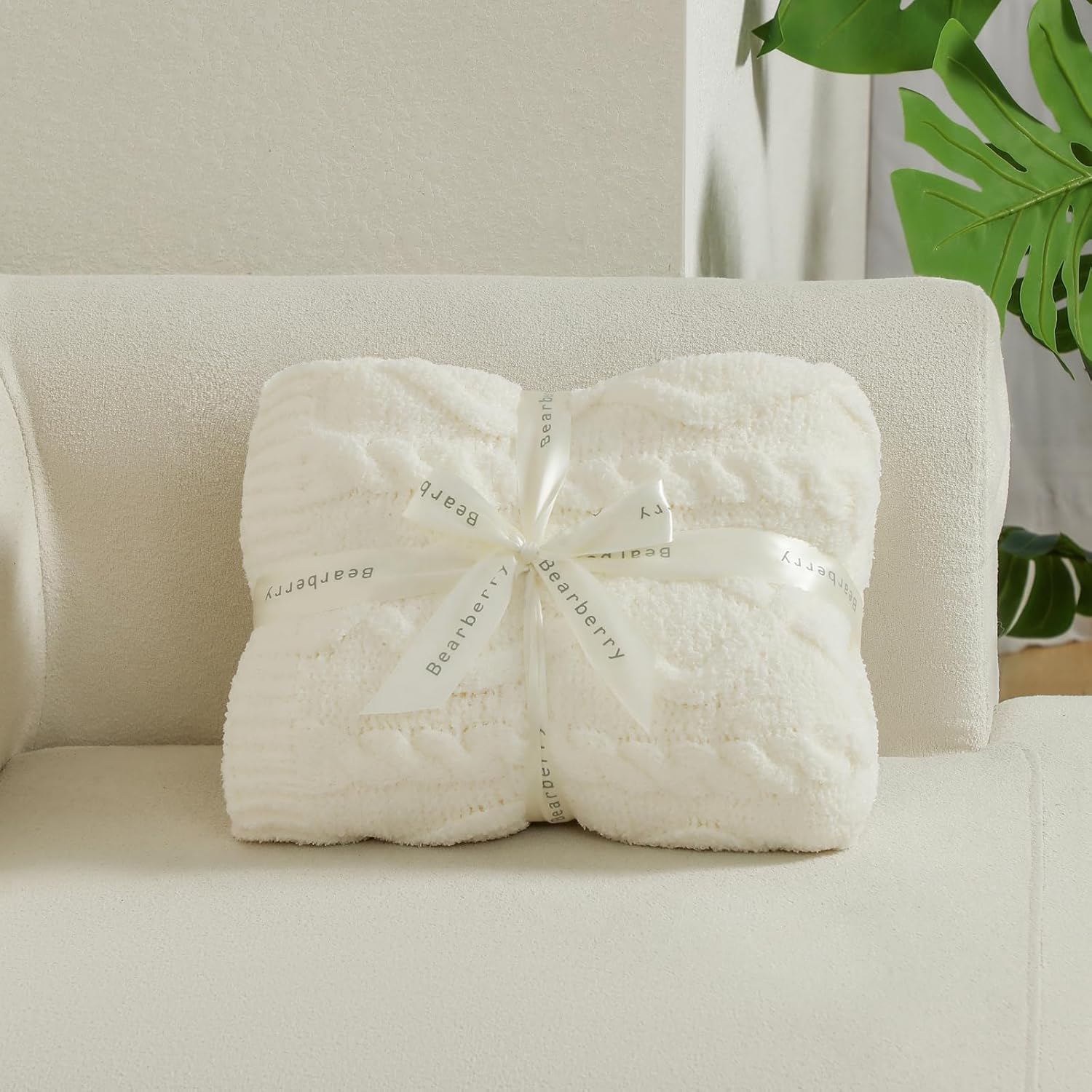 bearberry Plush Fleece Blanket Ultra Cozy & Warm Cable Knit - Machine Washable Throw for Living Room, Bedroom, Office | Lightweight Fuzzy Blanket for Adults, Kids, Pets (Cream, 50”x60”)