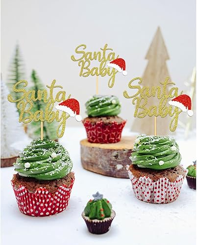 Miniatura 3 de 24 adornos con purpurina para cupcakes de Papá Noel para bebé, sombrero de Navidad, decoración de pastel de Navidad para Navidad, baby shower,