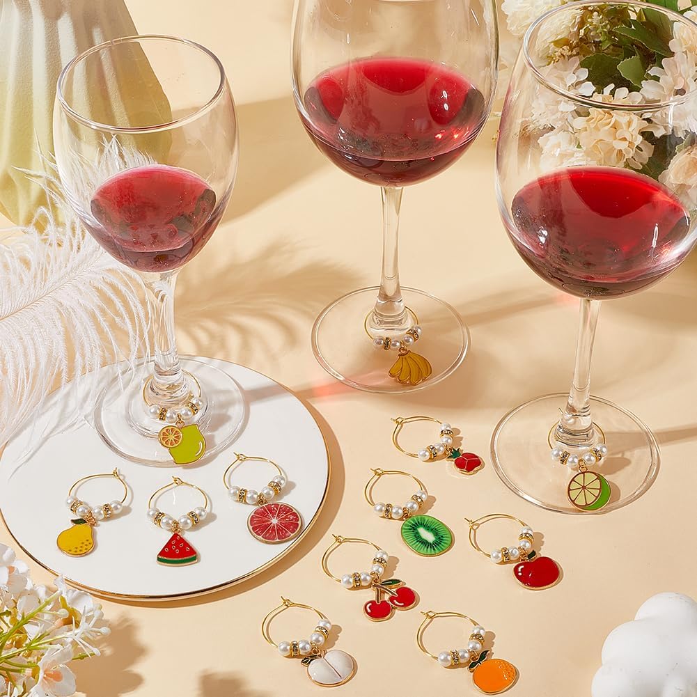 SUNNYCLUE 12 Styles Wine Themed Charms Cute Wine Charms Enamel Fruit Food Funny Glasses Pearls Bead Tag Rings Markers Identification for Stem Glasses Women Christmas Party Favor Decorations image 3