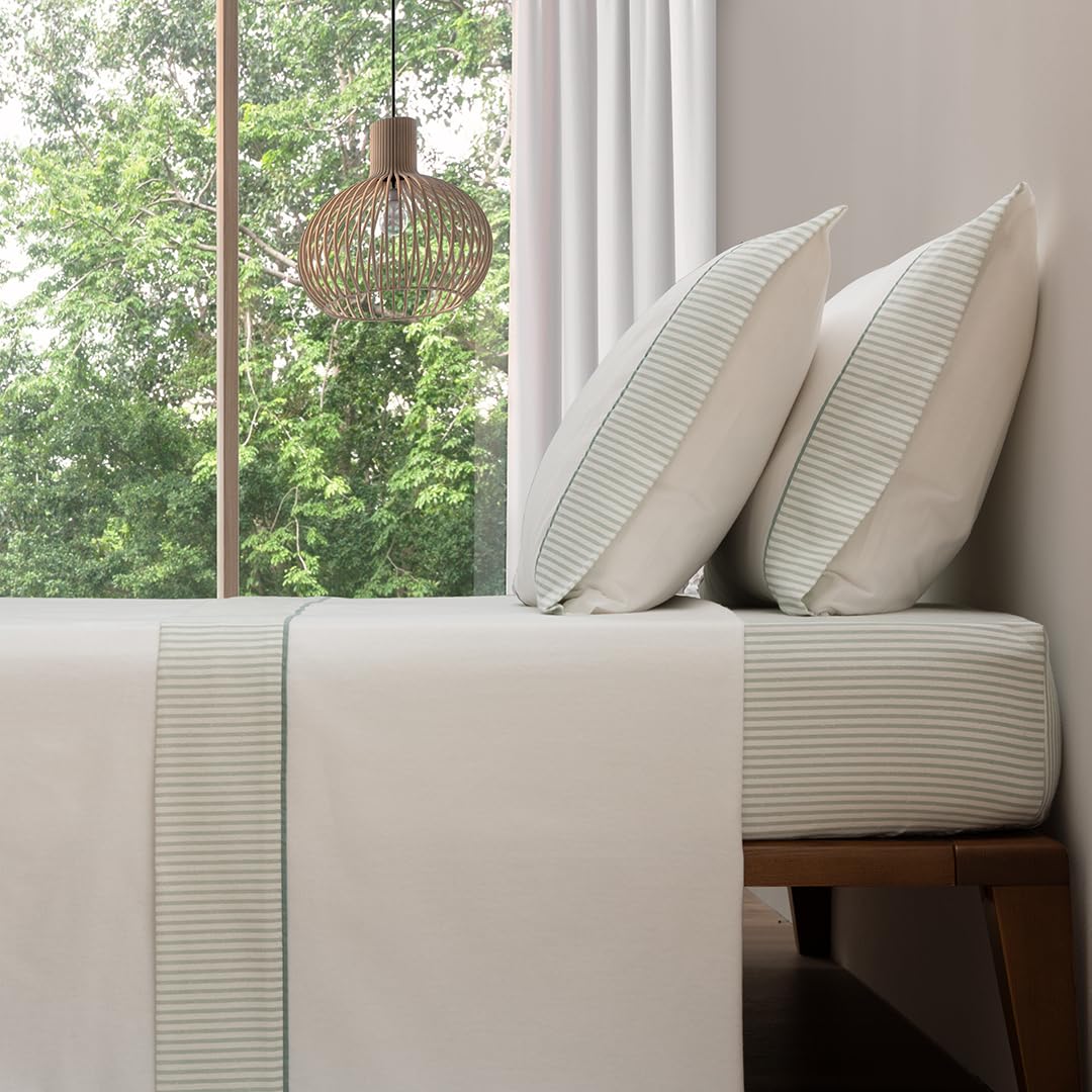 Casa da Laura - Sábanas de Franela Rayas Verde Agua - Cama 105-3 Piezas - Sábana Encimera, Bajera y 1 Funda de Almohada Larga - Sábanas Cálida, Suaves y Resistentes