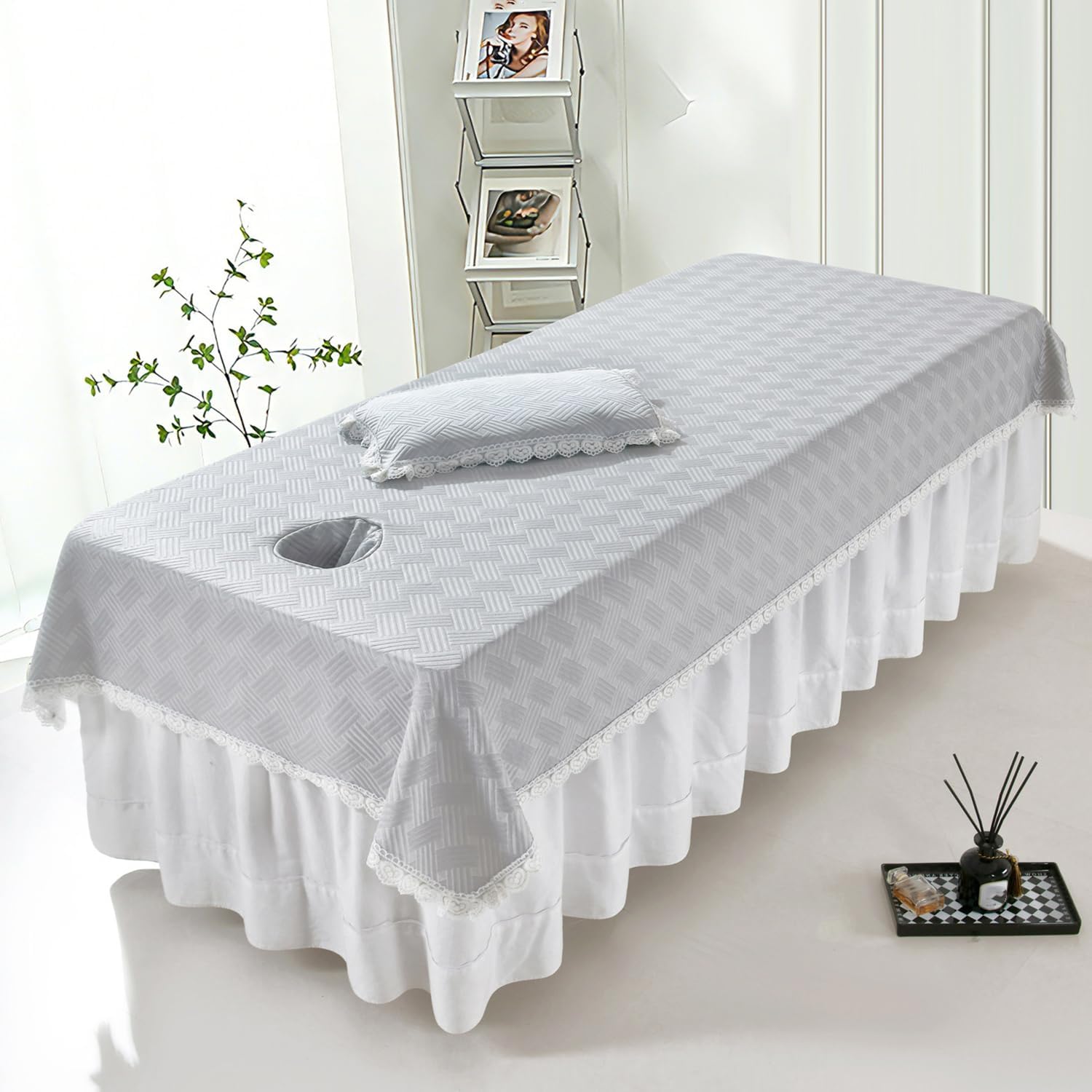 ,Grey(n),120 * 210cm, Cooling Massage Table Bed Sheet with/Without Face Hole Beauty Salon Bed Cover Professional Massage Linens with Lace Design Dustproof for Summer Machine Washable