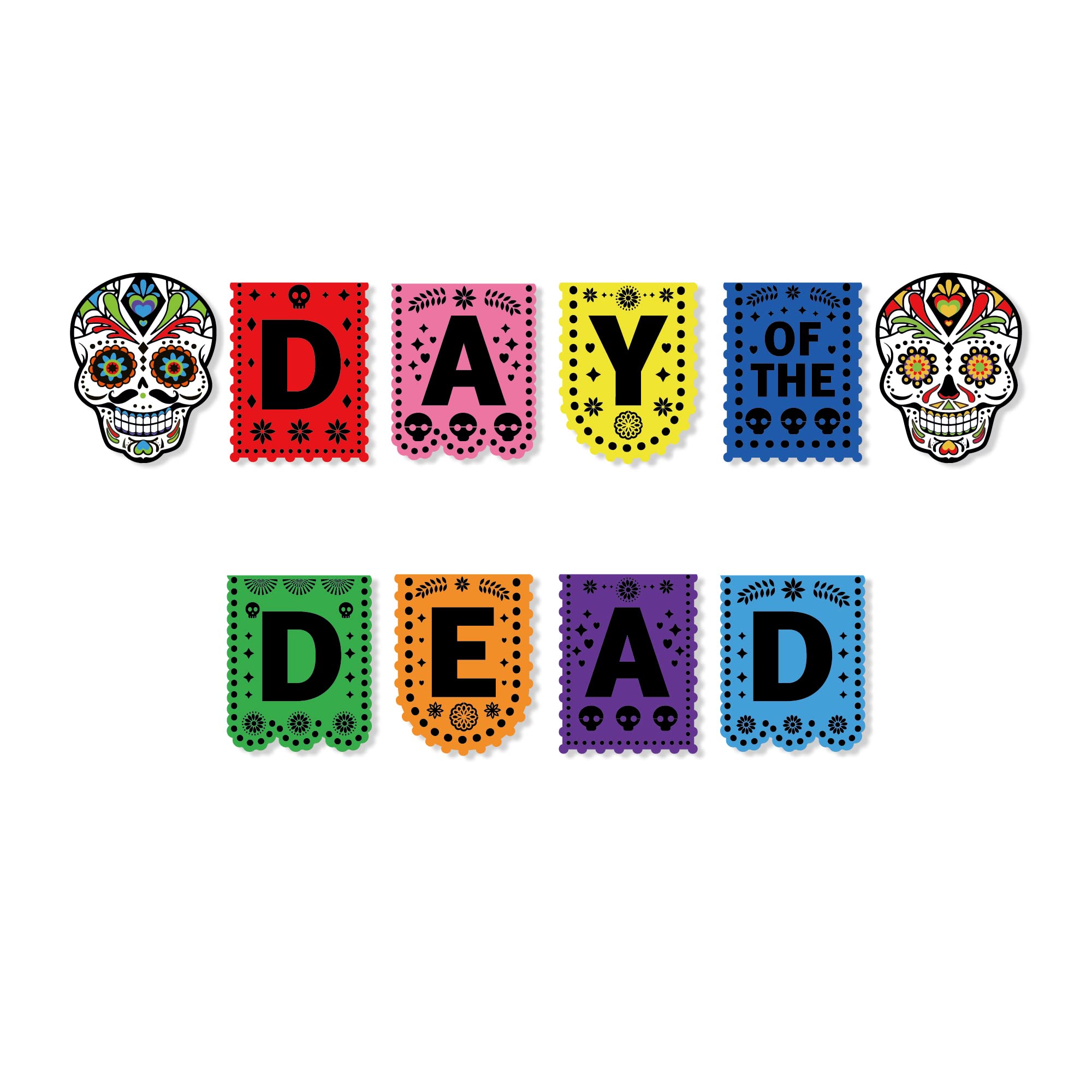 Partystadl Day Of The Dead Banner | Colorful Sugar Skull Papel Picado | Reusable Halloween & Día De Los Muertos Decoration | Handmade Party Supplies