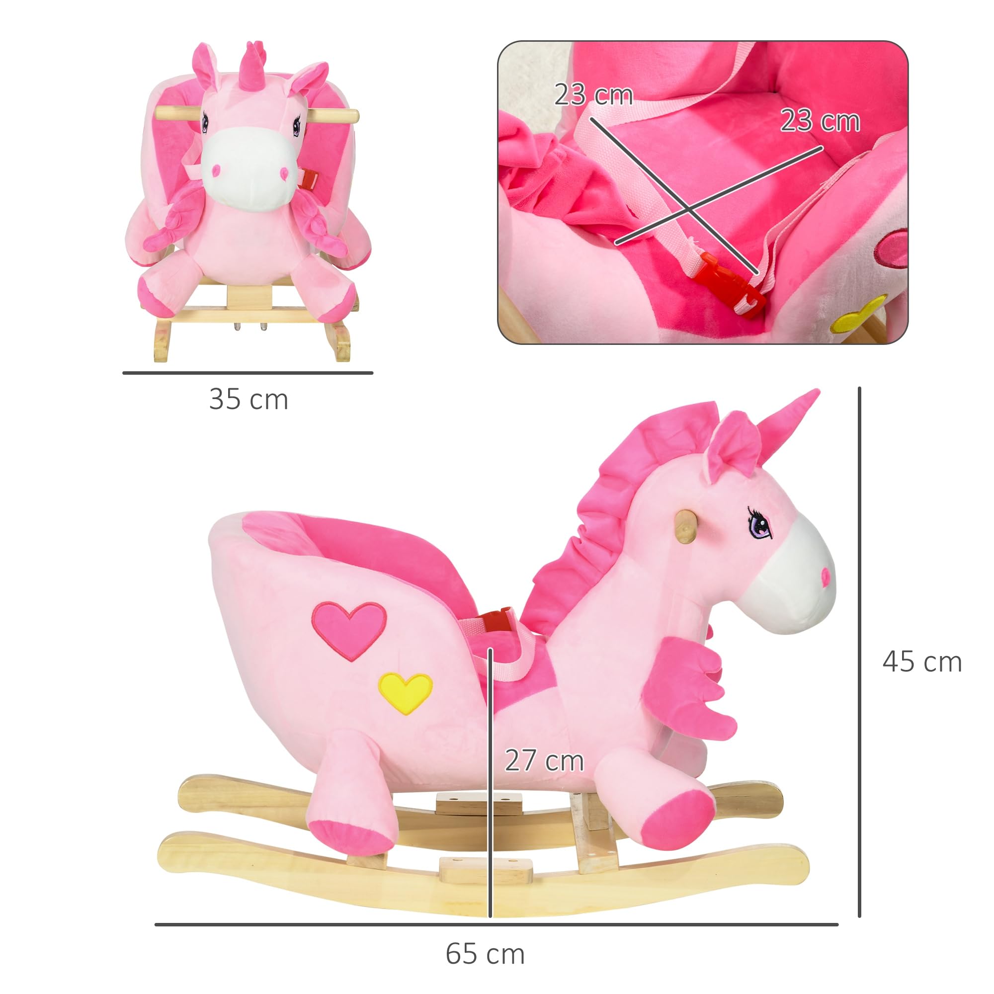 HOMCOM Caballito Balancín para Bebés 18-36 Meses Caballo Balancín en Forma de Unicornio con Música Cinturón de Seguridad Manillar y Reposapiés Carga 30 kg 65x35x45 cm Rosa