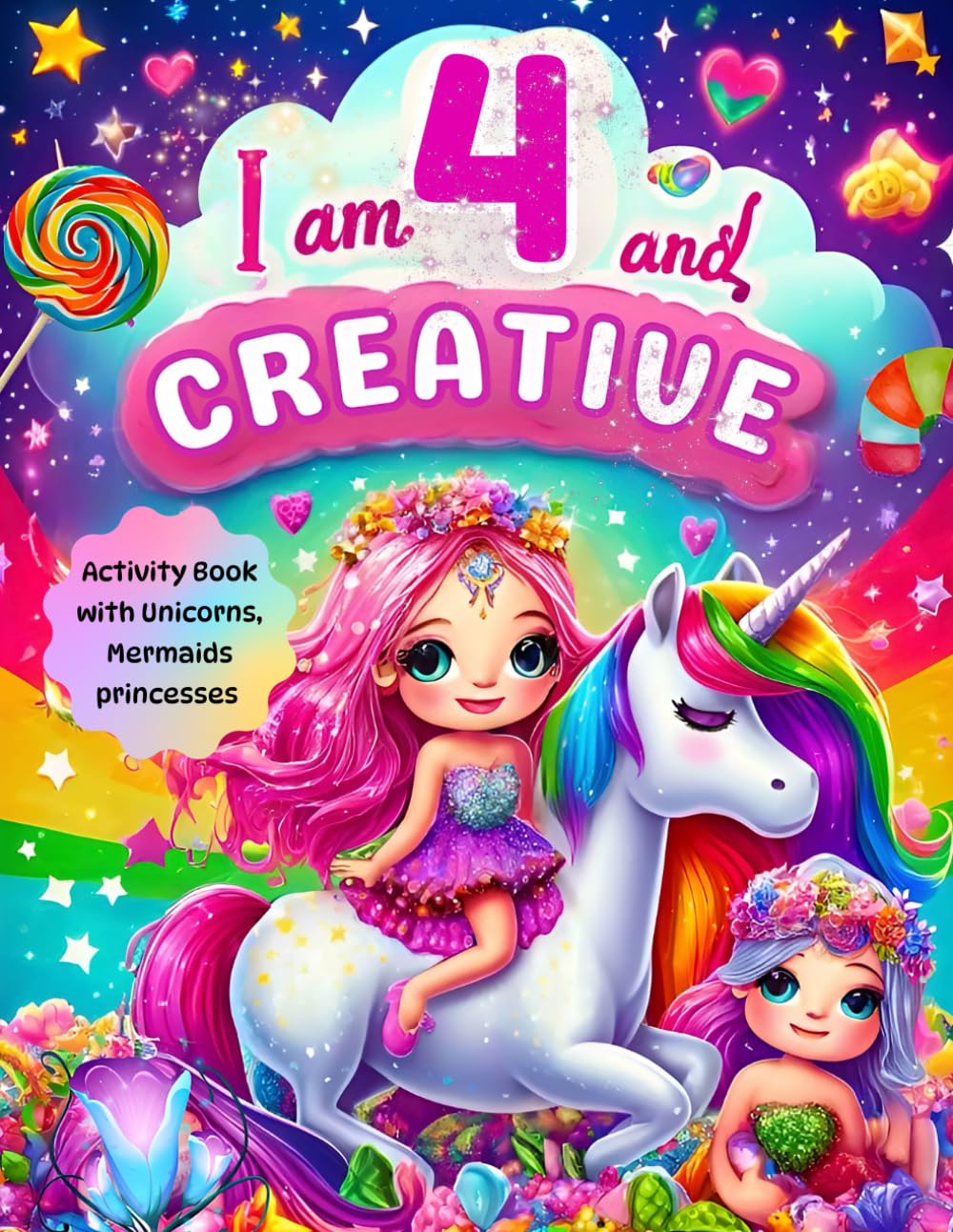 Gifts for 4 Year Old Girls : I Am 4 and Creative : Activity Book with Unicorns, Mermaids, princesses: Christmas Birthday Presents for Girl Age Four (Kids Books : I Am Creative)