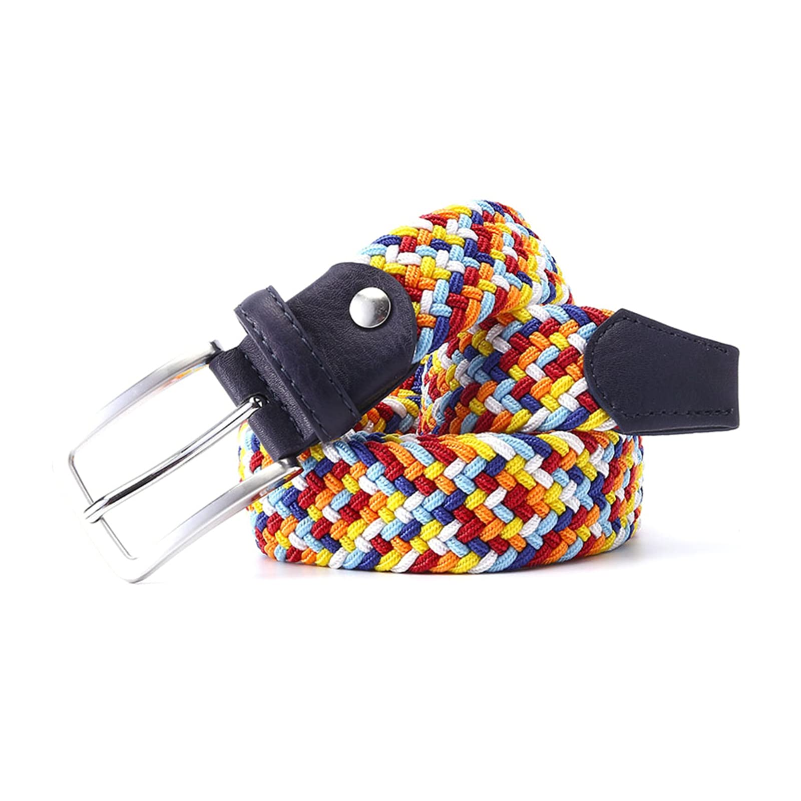 Men Women Casual Knitted Elastic Belt Pin Buckle Mixed Color Canvas Braided Stretch Belts 3.4 cm Width, 110cm