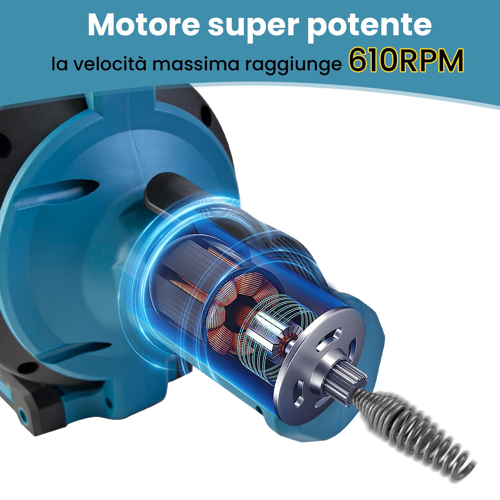 VKE 21V Sturatubi Elettrico, 24FT Sonda Sturatubi, Adatta per Tubi da 20-75 mm, Pulitore di scarico senza fili per fognature, Bagni, WC (Caricabatteria non Incluso)