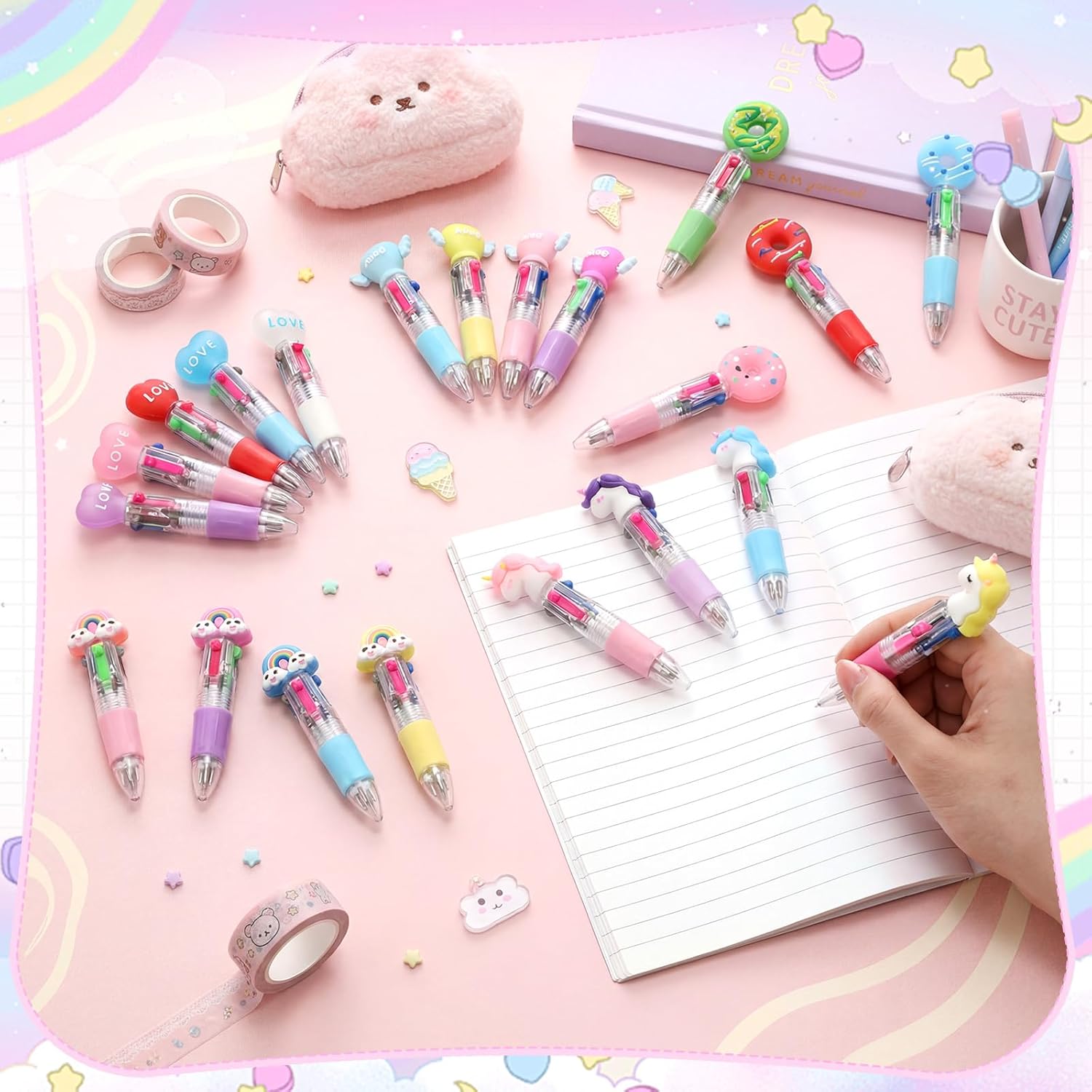 AmazingSpark 72 Pcs Cute Party Favor Pens Mini Multicolor Pens Bulk 4-in-1 Cartoon Kawaii Ballpoint Pen Retractable Donut Unicorn Writing Ink Pen for Birthday Gifts Office Supplies Fun Present