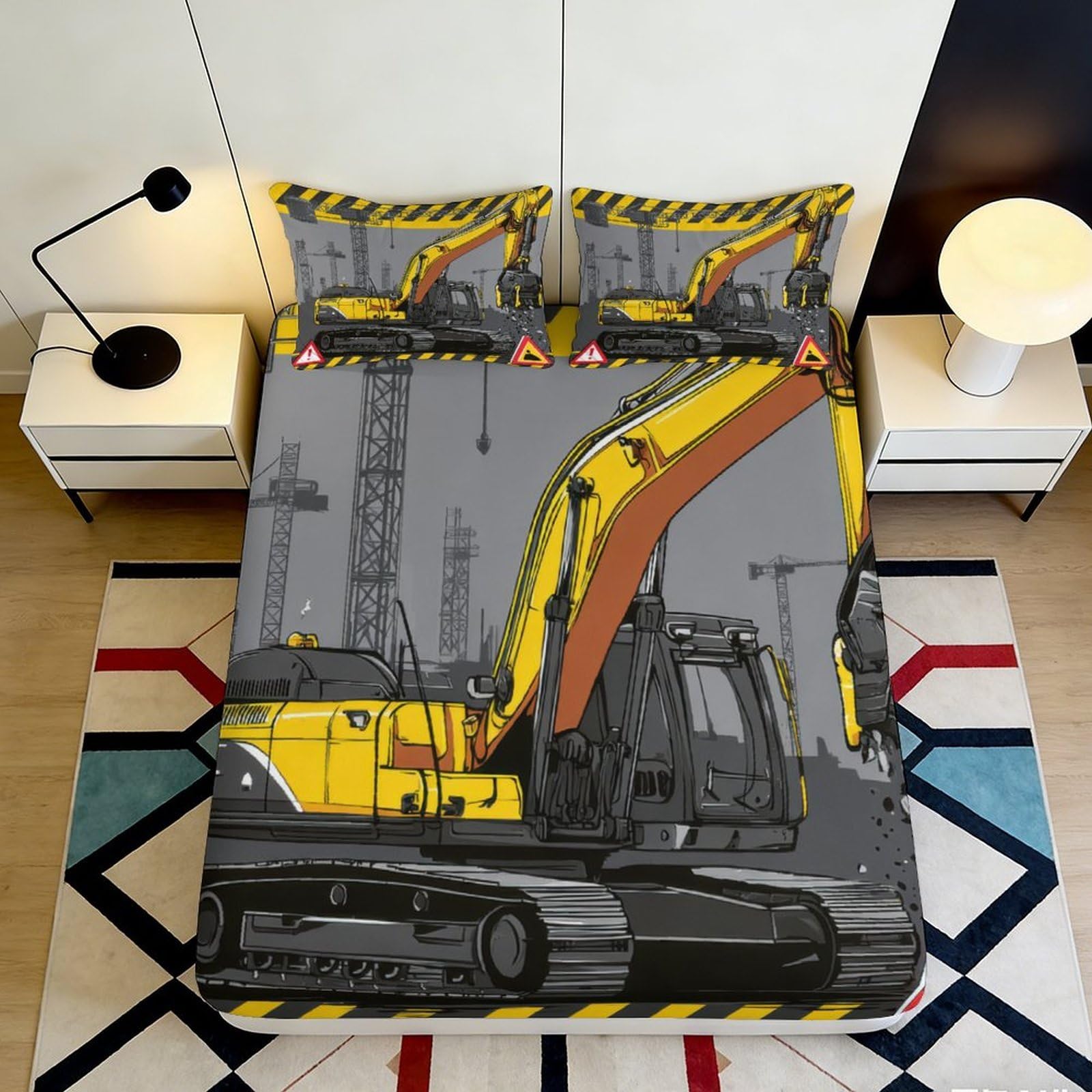 Pnayamiorkfel Style-7 3D Printed Construction Excavator Fitted Sheet Microfiber Anti-Slip Machine Washable Bed Cover For Bedroom Dorm Decor 90X200x25cm