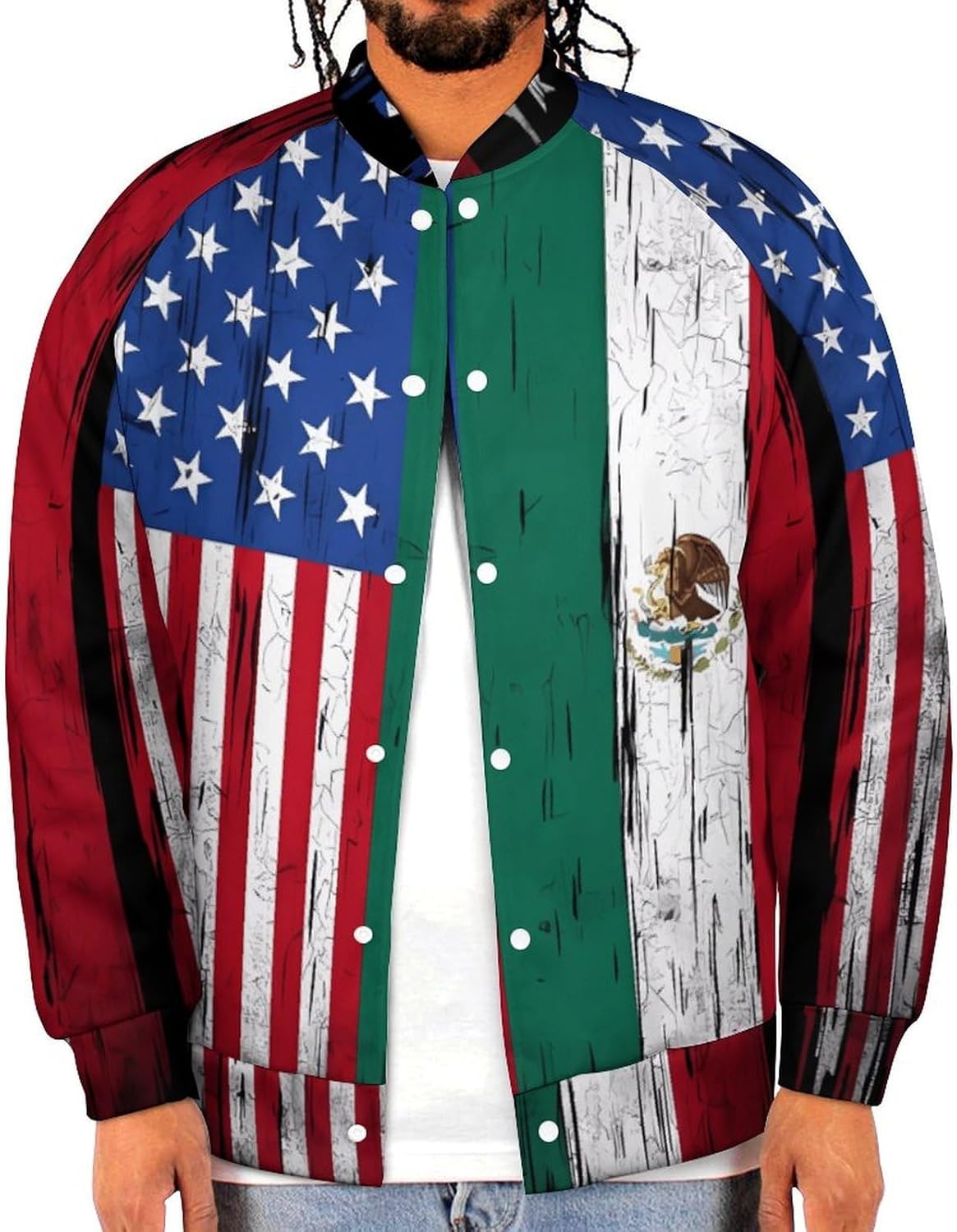 Half US Half Mexican Flag Novelty Men's Baseball Jackets Causal Sweatshirt Button Top Long Sleeve Coat