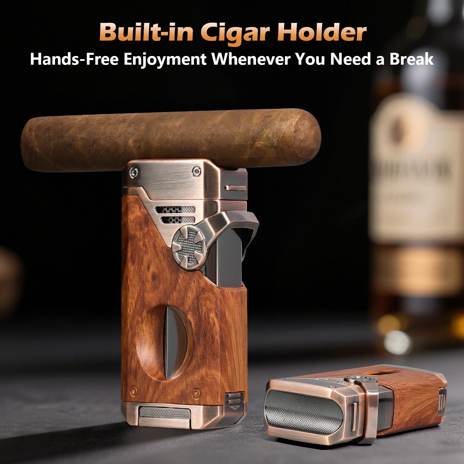 Joyoldelf Encendedor de Cigarro con Antorcha Cuadruple Llama - Encendedor Recargable de Butano a Chorro Resistente al Viento con Cortador, Punzón y Ventana de Combustible (Sin Butano) - Regalo Premium