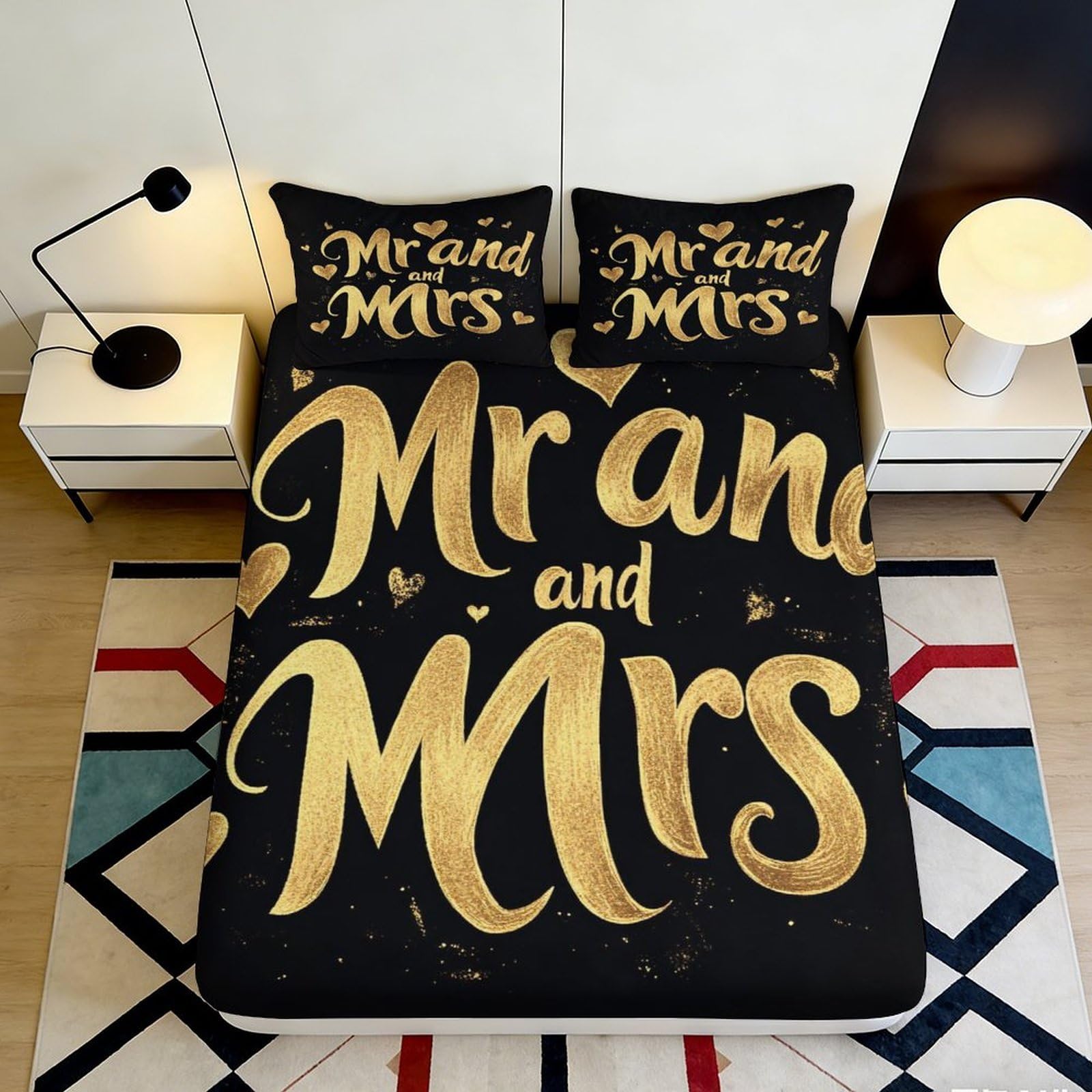 3D Printed Mr and Mrs Fitted Sheet Microfiber Black Gold Bed Cover Non-Slip Bedroom Decor Easy Care for All Ages 90x200x25cm
