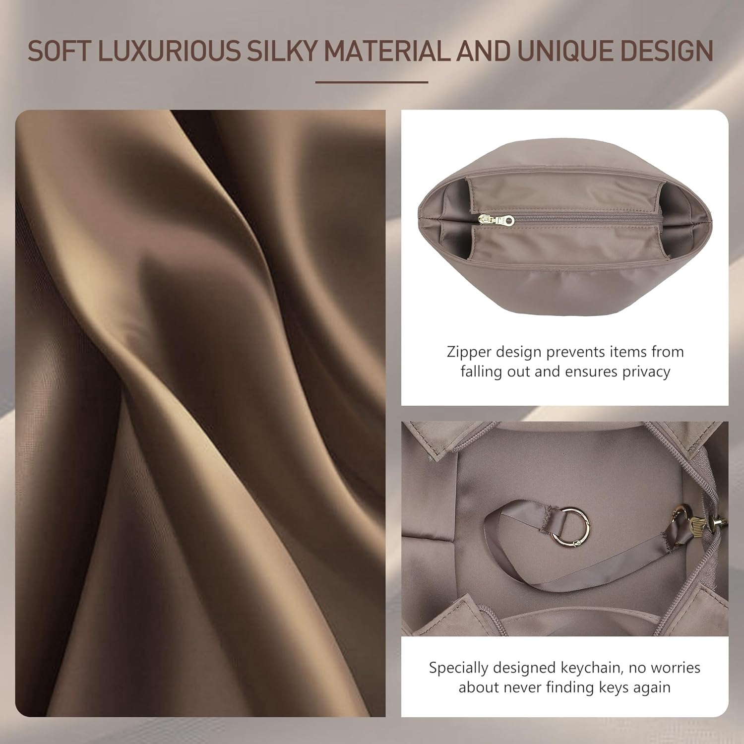 Picotin 18 Luxury Satin Purse Organizer Insert, Silky Smooth Picotin 18 Bag Insert with Multiple Pockets, Soft Touch Inner Liner for Women's Handbags, Fits Hermes Style Picotin Bags(PC18, Etoupe Grey) - Image 4