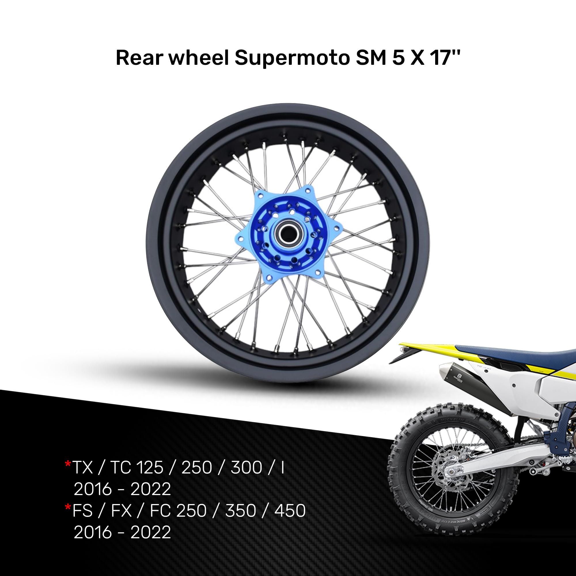 avdb -moto felga/szprychy koło tylne 5" x 17" kompatybilne z KTM SX 150 2013-2014, SXF 250 SX-F 2013-14, SXF 350 SX-F 2013-14, HUSQVARNA FS 450 FS450 16-22, GAGAS MC 125 21-23 Supermoto (niebieskie)